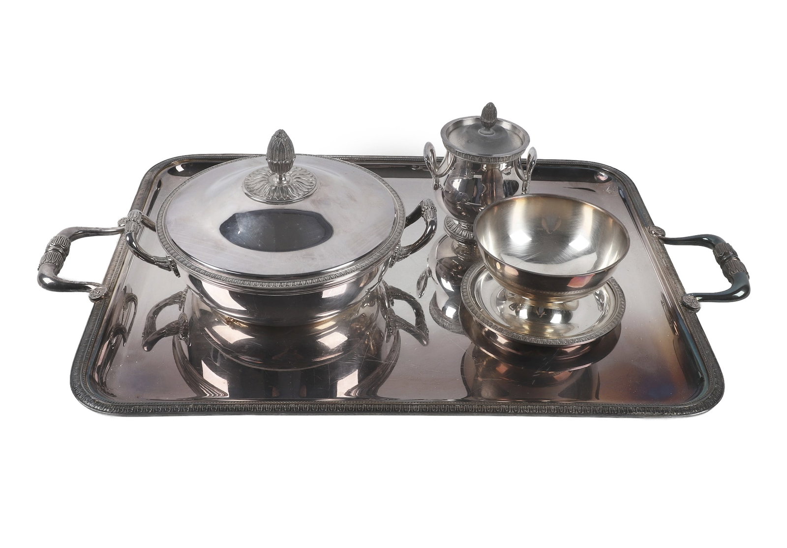 (4) Christofle 'Malmaison' Silver Plated Tablewares: (4) Christofle 'Malmaison' Silver Plated Tablewares (4) Collection of French Christofle silver plated 'Malmaison' pattern wares to include: 1) 26" x 16 1/4" two-handled serving tray. 2) 6 1/4"H x