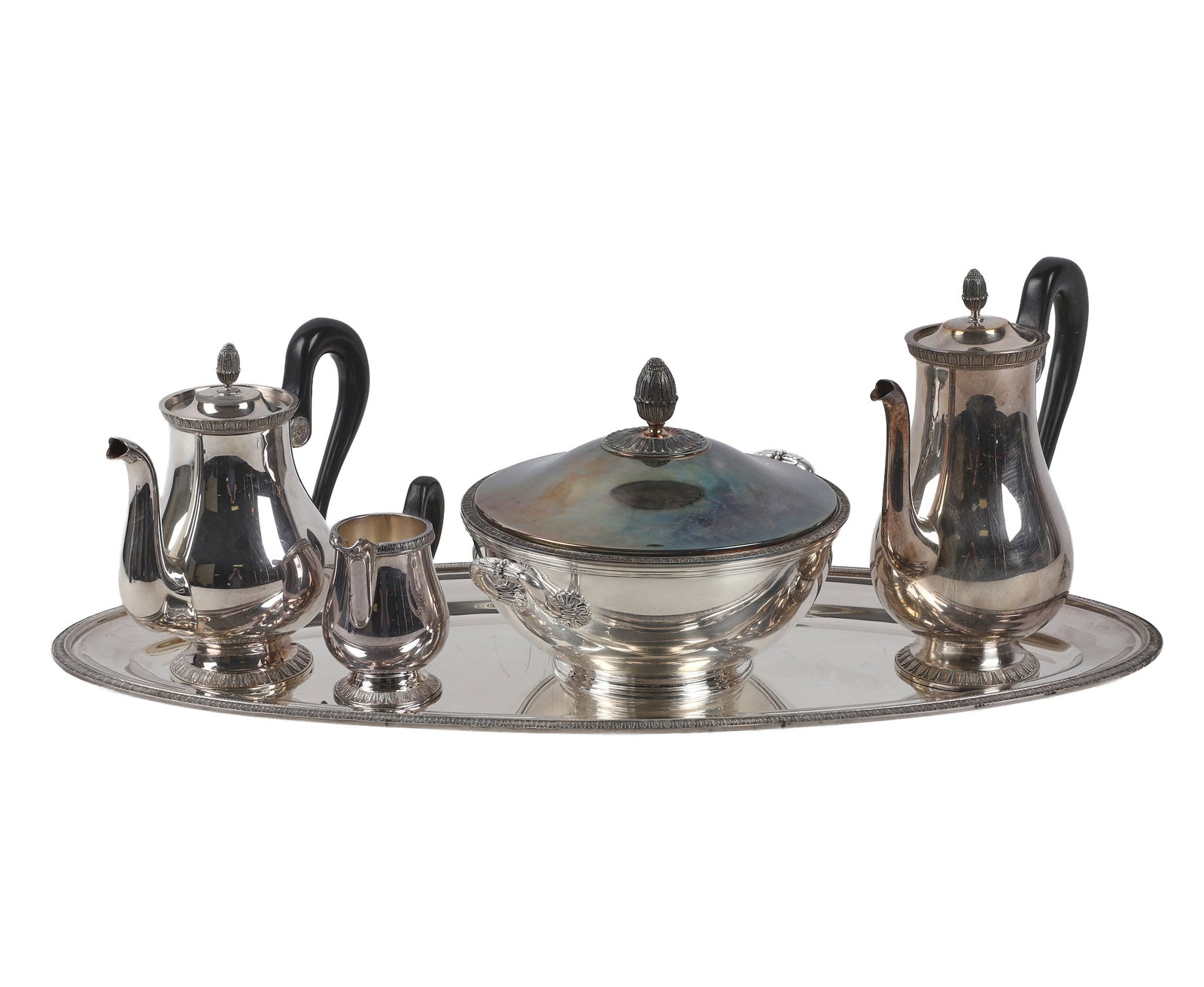 (5) Christofle 'Malmaison' Silver Plated Wares: (5) Christofle 'Malmaison' Silver Plated Wares (5) French Christofle silver plated 'Malmaison' pattern wares to include: 1) 8"H x 12"W covered serving bowl. 2) 27 1/2" x 12" oval platter. 3) 10"H
