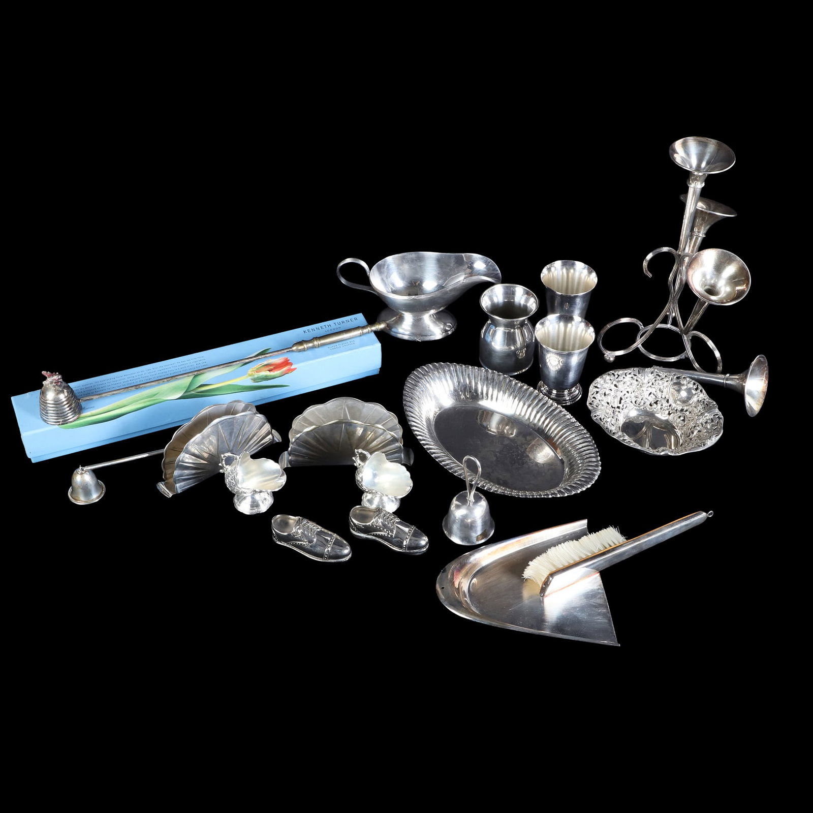 Assorted Silver Plate Lot Feat. Prata Wolff & Christofle: Assorted Silver Plate Lot Feat. Prata Wolff & Christofle Lot of fine silver plate wares featuring a 10 1/2"H epergne with four trumpeting branches. Also includes a 10"W fluted oval bowl, (2) 2 3/4"H x