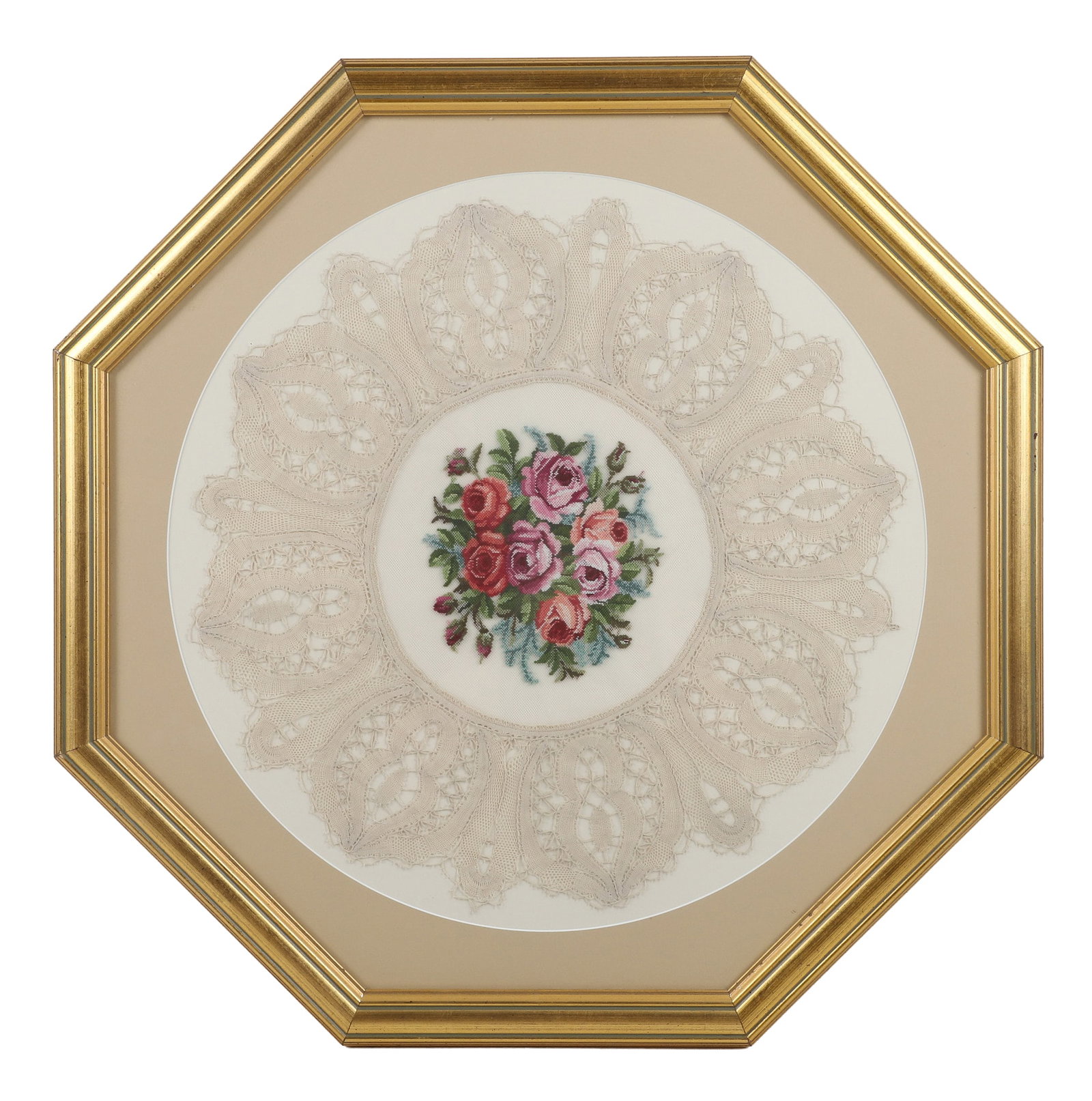 Decorative Framed Petit Point and Lace Doily: Decorative Framed Petit Point and Lace Doily A stitched bouquet of roses at the center of a tatted lace rondel. Framed under glass. 22" octagonal frame.