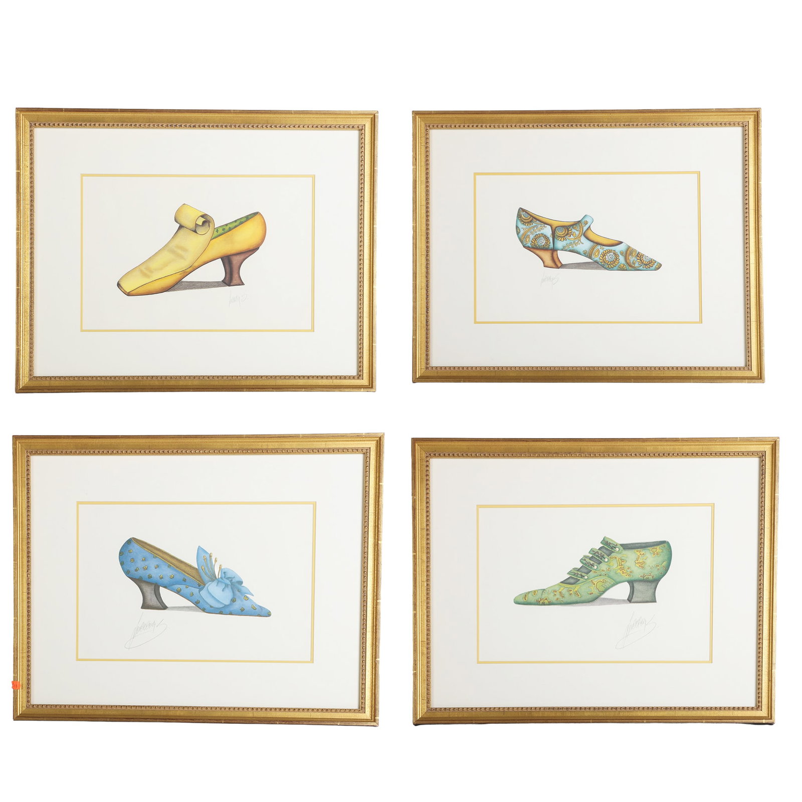 Suite of (4) Decorative Illustrations, Lucrerie Shoe Designs: Suite of (4) Decorative Illustrations, Lucrerie Shoe Designs Modern offset lithograph prints after the antiques. Nicely framed under glass. 9" H x 13.5" W mat, 16.5" H x 21" W frame