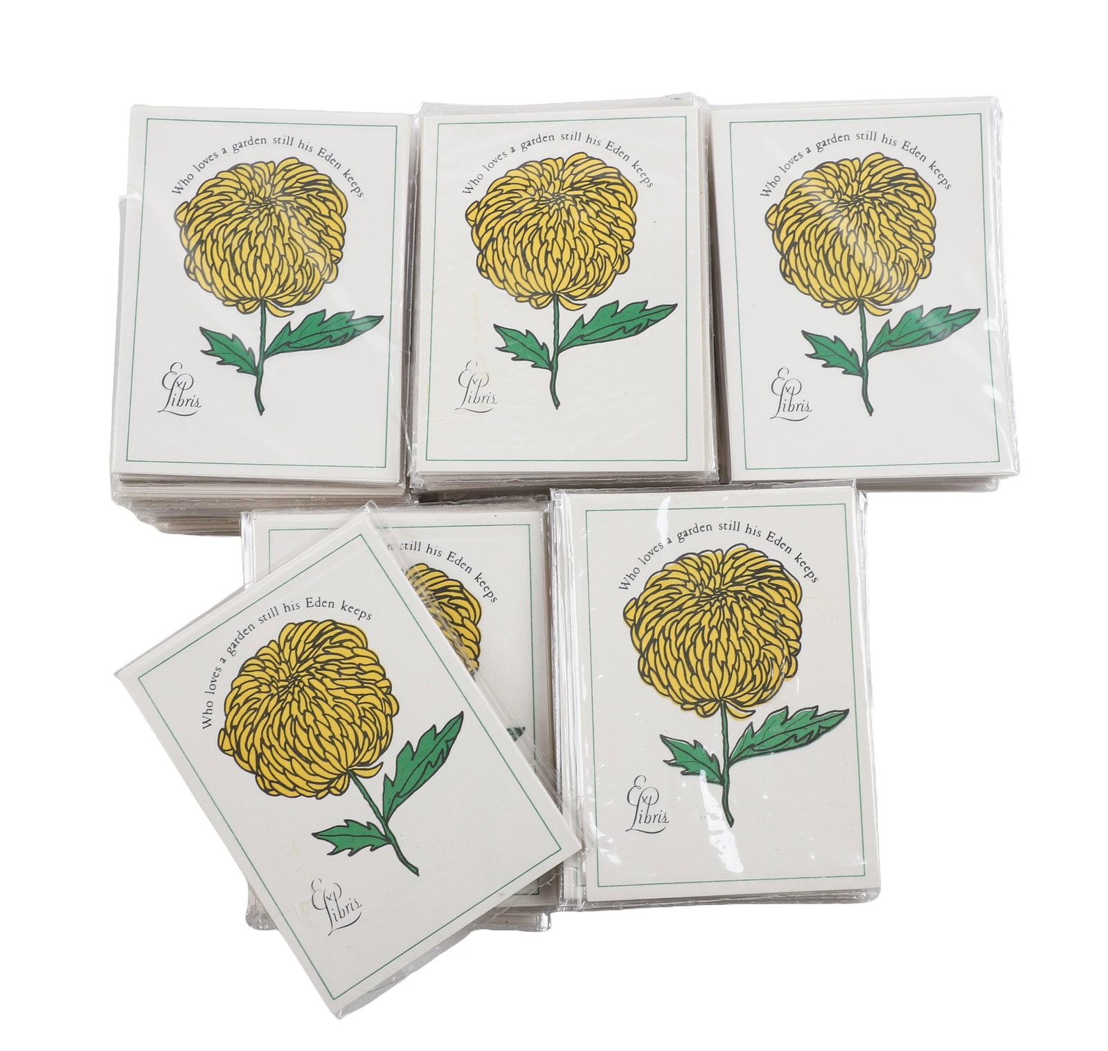 NOS Bookplate Lot: NOS Bookplate Lot Lot of NOS bookplates depicting a yellow chrysanthemum with the inscription "Who loves a garden still his Eden keeps". Unused, each with approx. 15 bookplates per packet with over