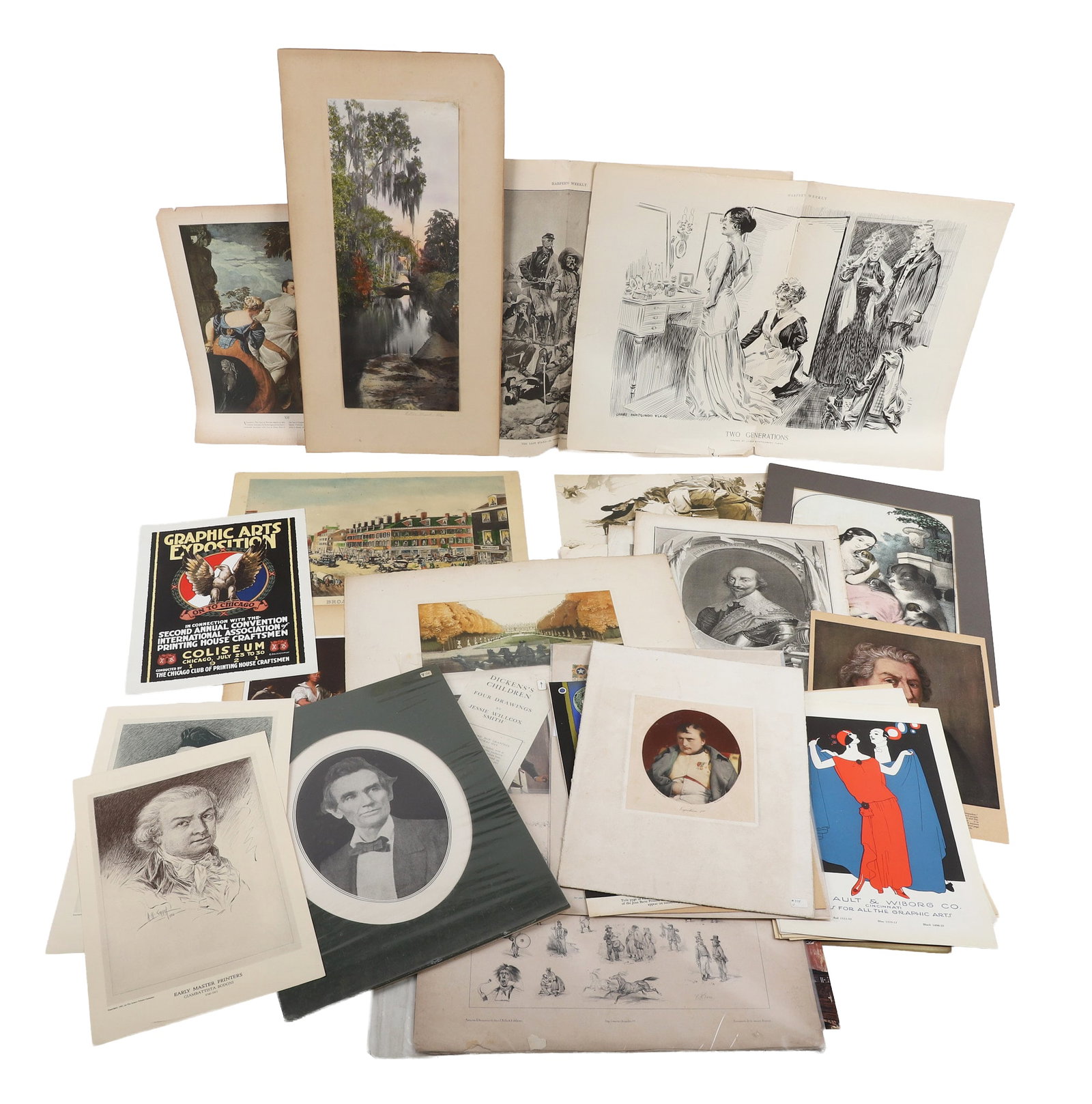 Lithograph & Print Ephemera: Lithograph & Print Ephemera Wide variety of unframed lithograph & print ephemera to include book plates, Harper's Weekly, French engravings, Pochoir style prints and much more.