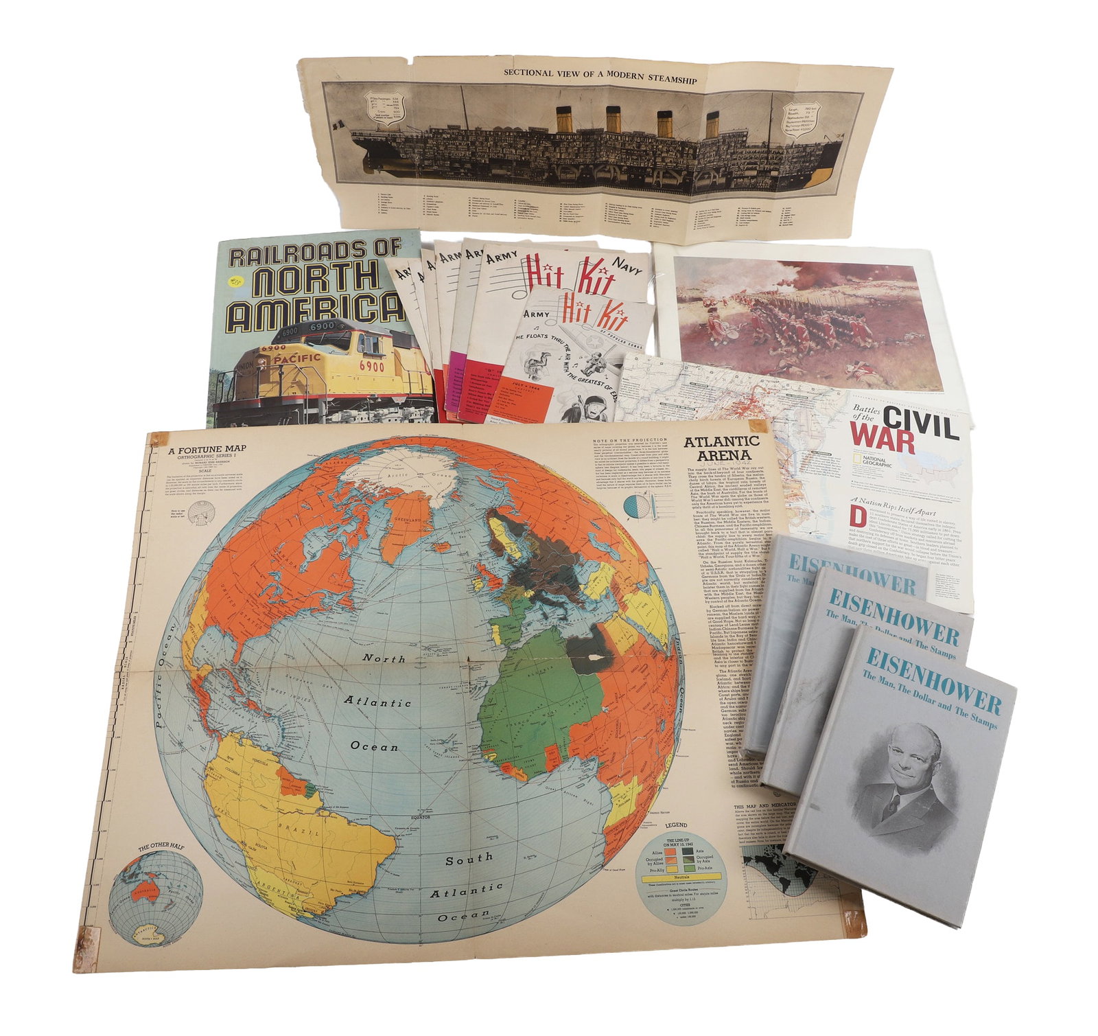 Lot of U.S. Military Historical Ephemera with Fortune Maps: Lot of U.S. Military Historical Ephemera with Fortune Maps Collection of U.S. military history featuring (6) 26 3/4" x 21 1/4" WWII era Fortune maps by Richard Edes Harrison including 'One World, One