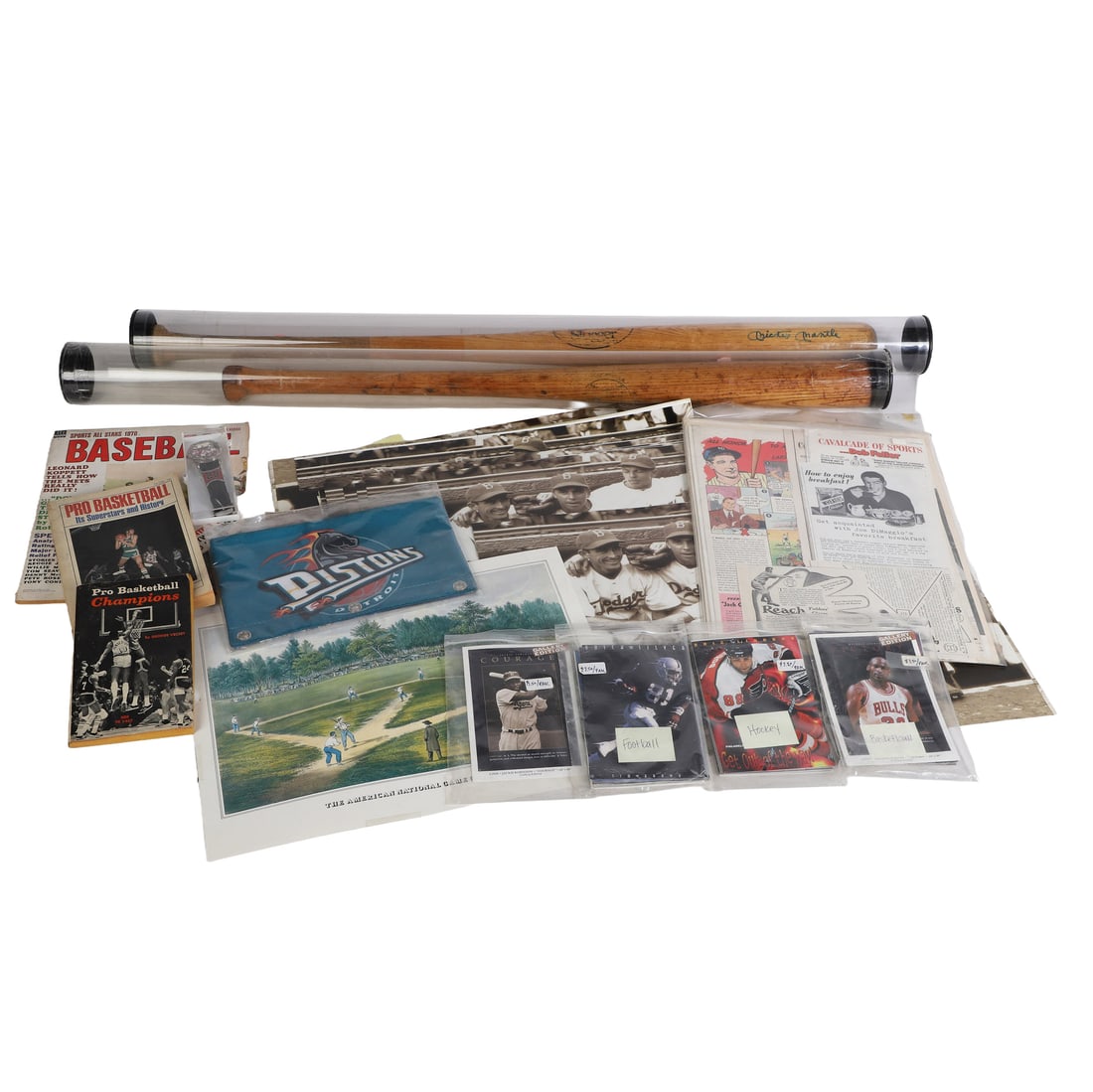 Vintage Sports Ephemera + (2) Baseball Bats: Vintage Sports Ephemera + (2) Baseball Bats Assorted ephemera having to do with sports, particularly baseball, featuring (2) wooden bats with marker signatures from Mickey Mantle and Joe DiMaggio, no