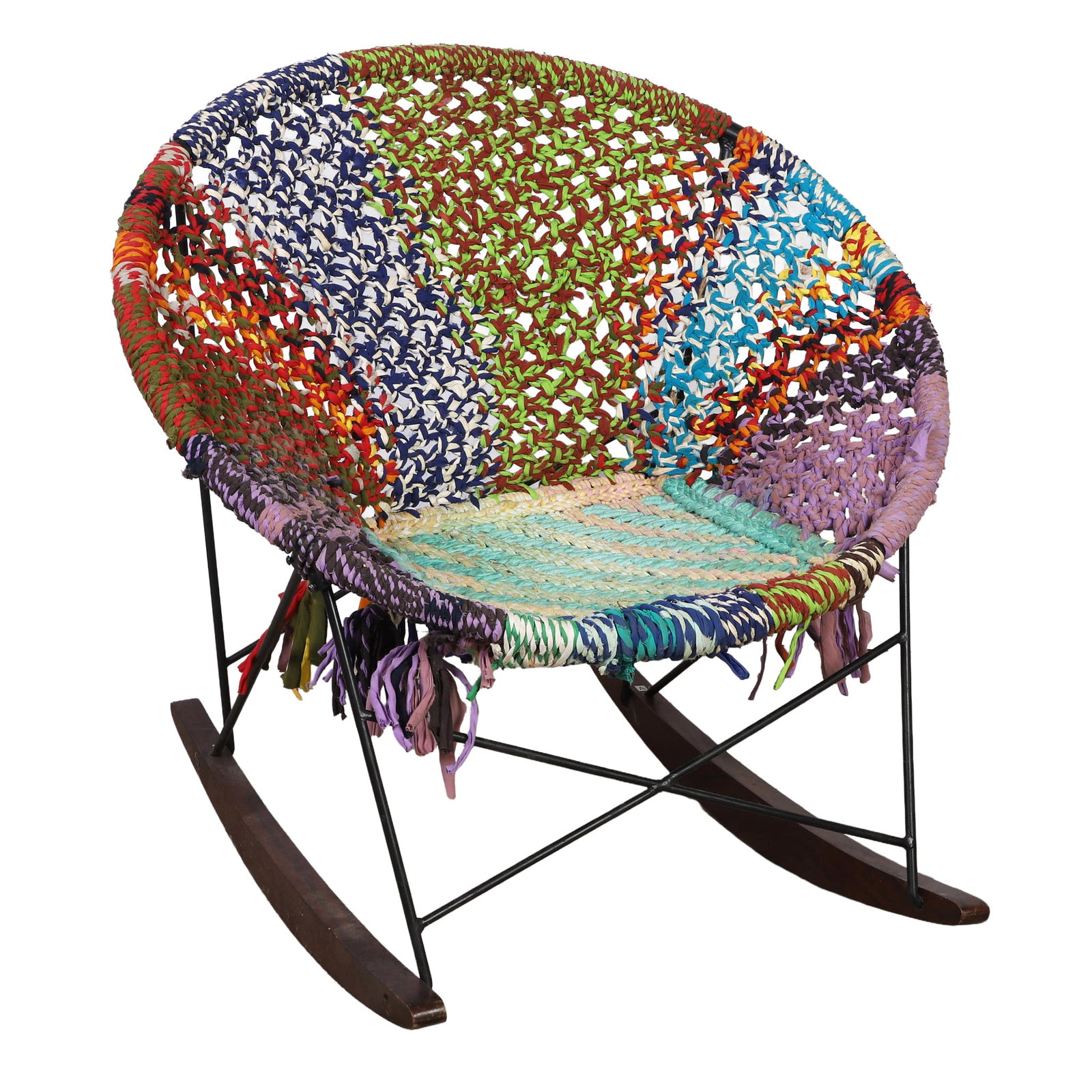Vintage Urban Outfitters Marrakesh Woven Textile Rocker: Vintage Urban Outfitters Marrakesh Woven Textile Rocker Saucer-shaped rocking chair on hairpin legs with woven rag seat. 36" H x 37" W x 36" D.