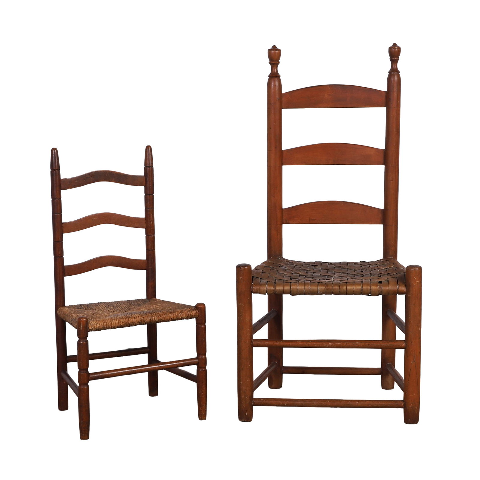 (2) Antique Ladder Back Chairs: (2) Antique Ladder Back Chairs A child sized rush seat chair, 28" H, and a turned urn form finial chair with splint seat, 38" H x 18" W x 14" D.