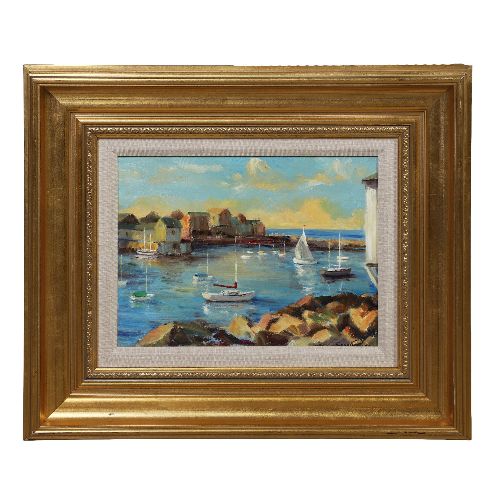 John Caggiano (New York, b. 1949) Coastal Harbor Painting: John Caggiano (New York, b. 1949) Coastal Harbor Painting Titled: "Harbor at Dusk." Likely a New England harbor depicting a protected cove filled with multiple classic sailboats and skiffs moored on c