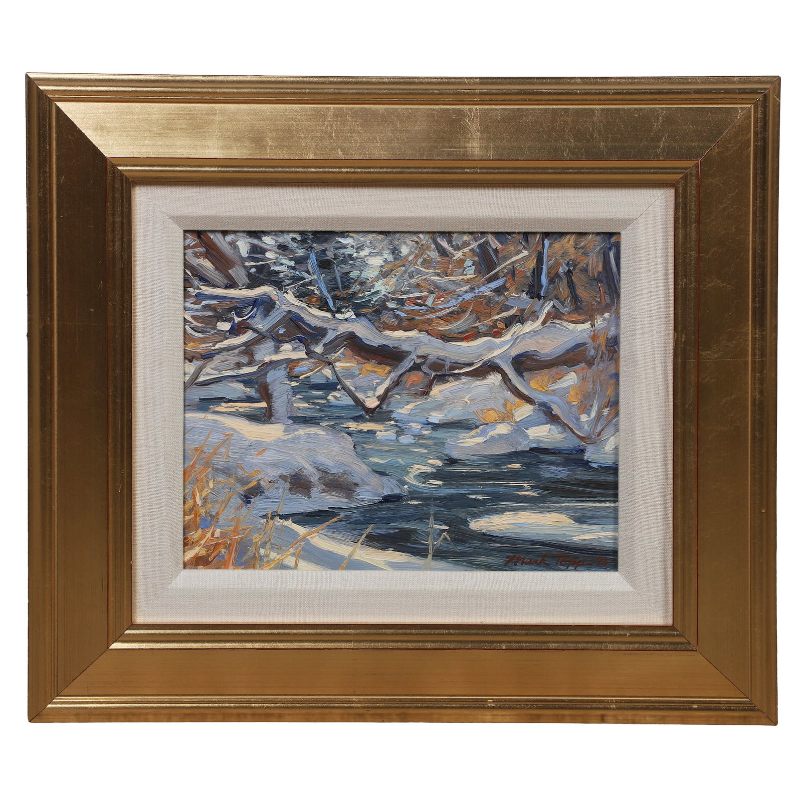 Mark Topp (American, b. 1952) Wintry Landscape Painting.: Mark Topp (American, b. 1952) Wintry Landscape Painting. Titled: "Winter Hills." Oil on board. Signed and dated 1990 lower right corner. 8" H x 10" W sight, 14" H x 16" W frame.