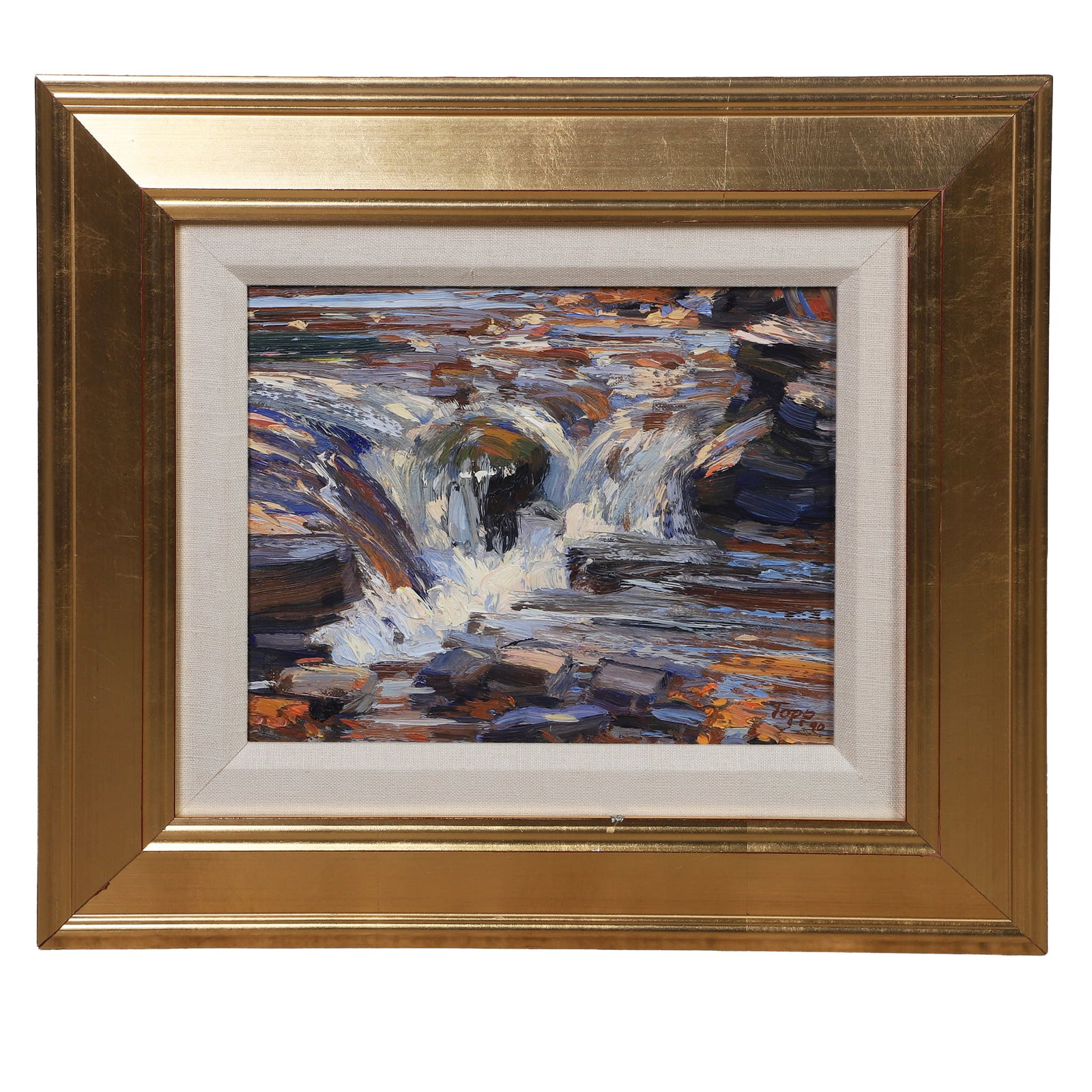 Mark Topp (American, b. 1952) Stream Landscape Painting.: Mark Topp (American, b. 1952) Stream Landscape Painting. Titled: "Winter Stream." Post-impressionist oil on board painting of a running stream. Signed and dated 1990 lower right corner. 8" H x 10" W s
