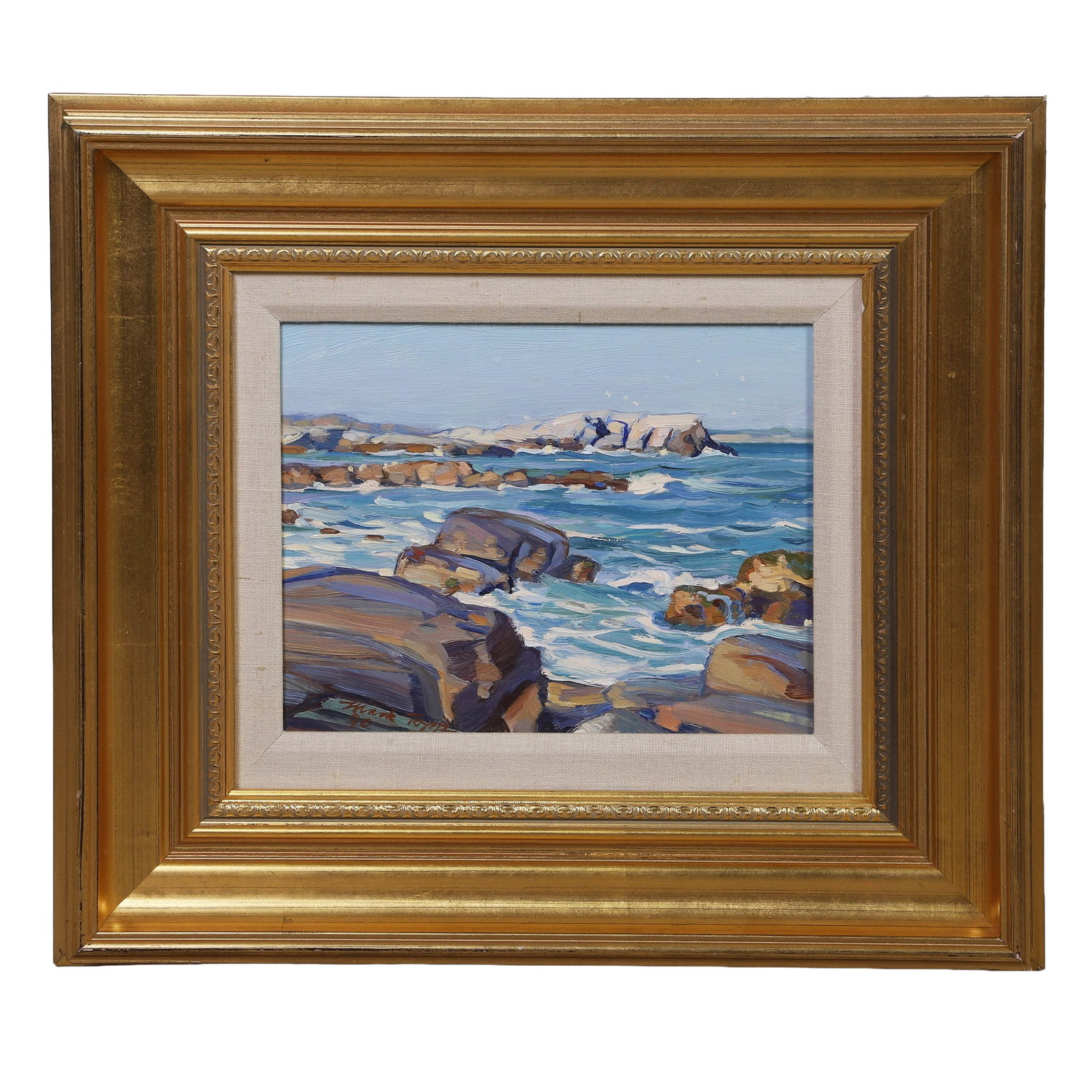 Mark Topp (American, b. 1952) Coastal Seascape Painting: Mark Topp (American, b. 1952) Coastal Seascape Painting Titled: "Elephant Rocks". Seaside vista of a craggy shoreline. Oil painting. Signed and dated '90 lower left corner. 9" H x 11" W