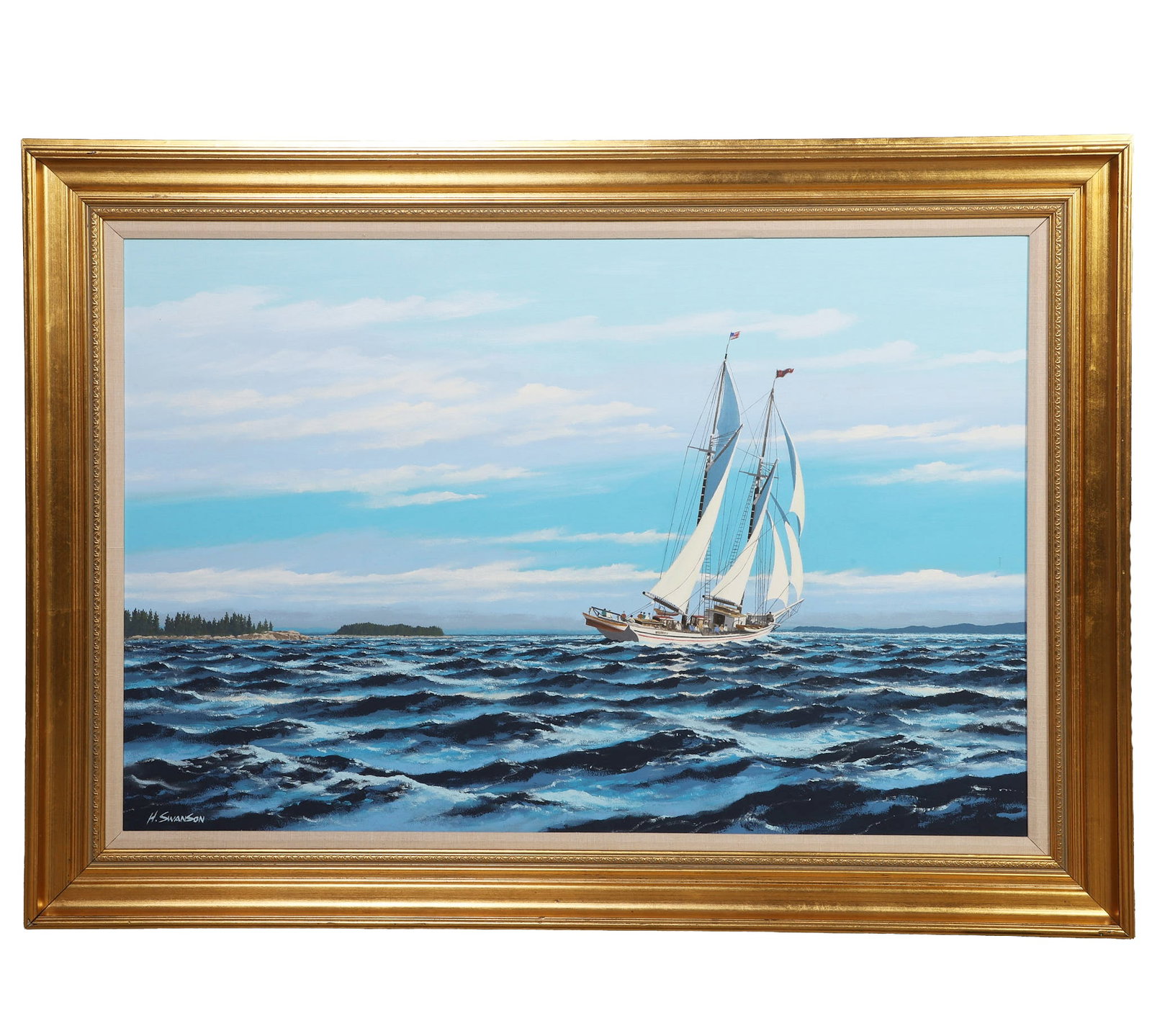 Harry Swanson (Connecticut, 1931-2020) Schooner Painting: Harry Swanson (Connecticut, 1931-2020) Schooner Painting Titled "Brisk Wind (Heritage)." Oil on canvas depicting a classic American multi-masted wooden schooner flying the American flag caught in full