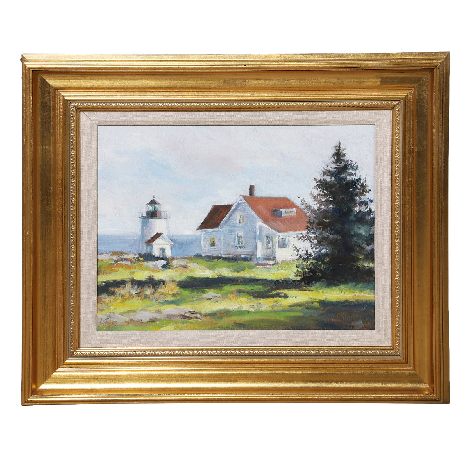 Carol Sebold (American / Ohio /Maine, 1939-2010), Landscape Painting.: Carol Sebold (American / Ohio /Maine, 1939-2010), Landscape Painting. Titled "On Curtis Island". Oil On Canvas water in the distance depicting Midcoast Maine lighthouse at the entrance to Camden Harbo