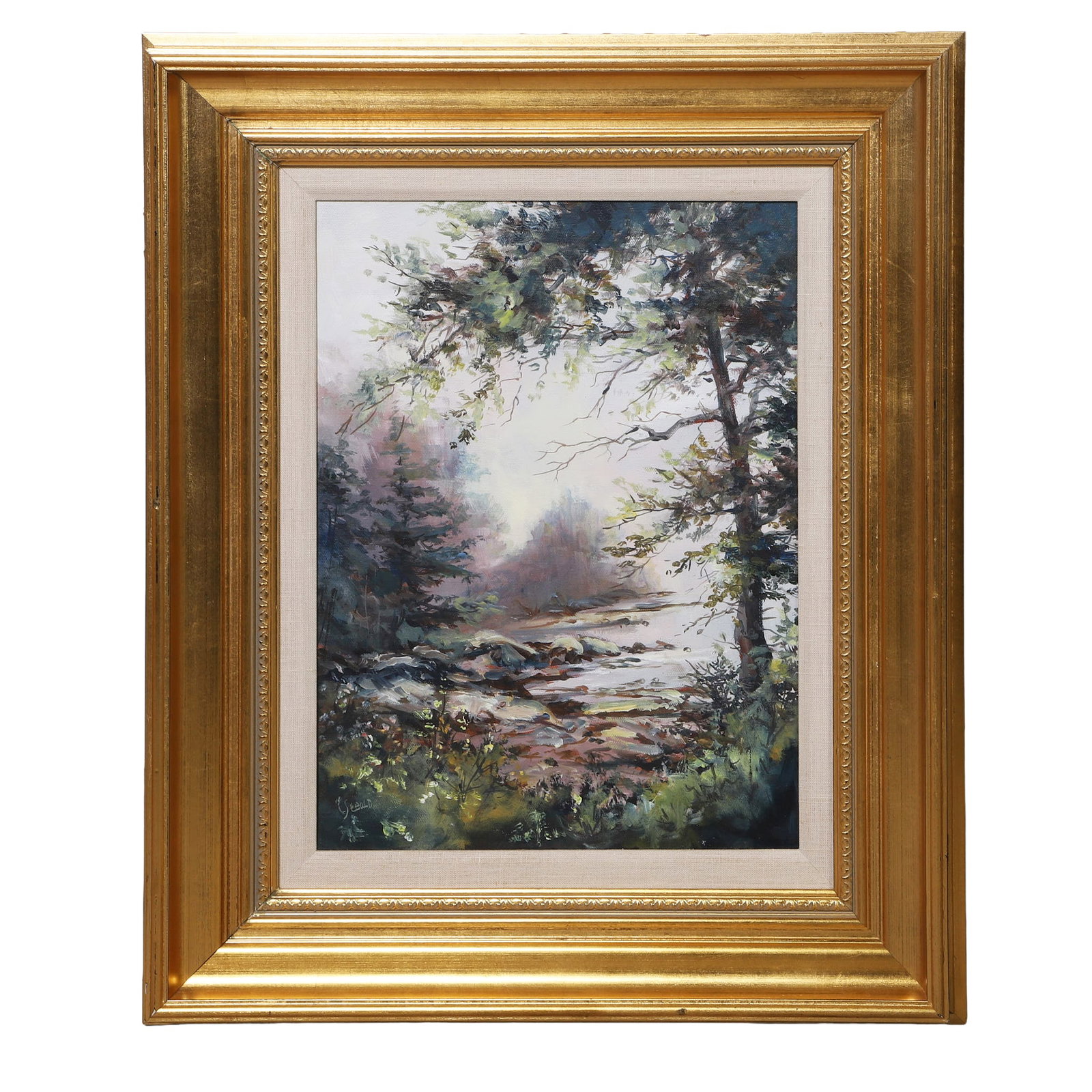 Carol Sebold (American / Ohio /Maine, 1939-2010), Landscape Painting.: Carol Sebold (American / Ohio /Maine, 1939-2010), Landscape Painting. On The Shore. Oil On Canvas depicting a serene, misty forest shoreline or riverbed. Signed lower left "C Sebold". 15.5"H x 11.5"W 