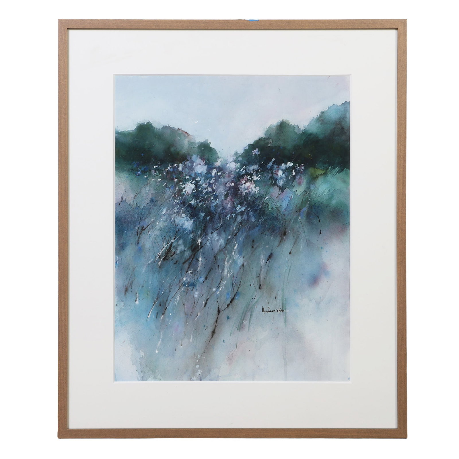 Marlene Loznicka (Maine, 20th C) Regionalist Watercolor.: Marlene Loznicka (Maine, 20th C) Regionalist Watercolor. Titled: "The Meadow." An abstract expressionist landscape. Signed in the lower right corner. 23.5" H x 26.5" W sight, 34" H x 38" W frame.