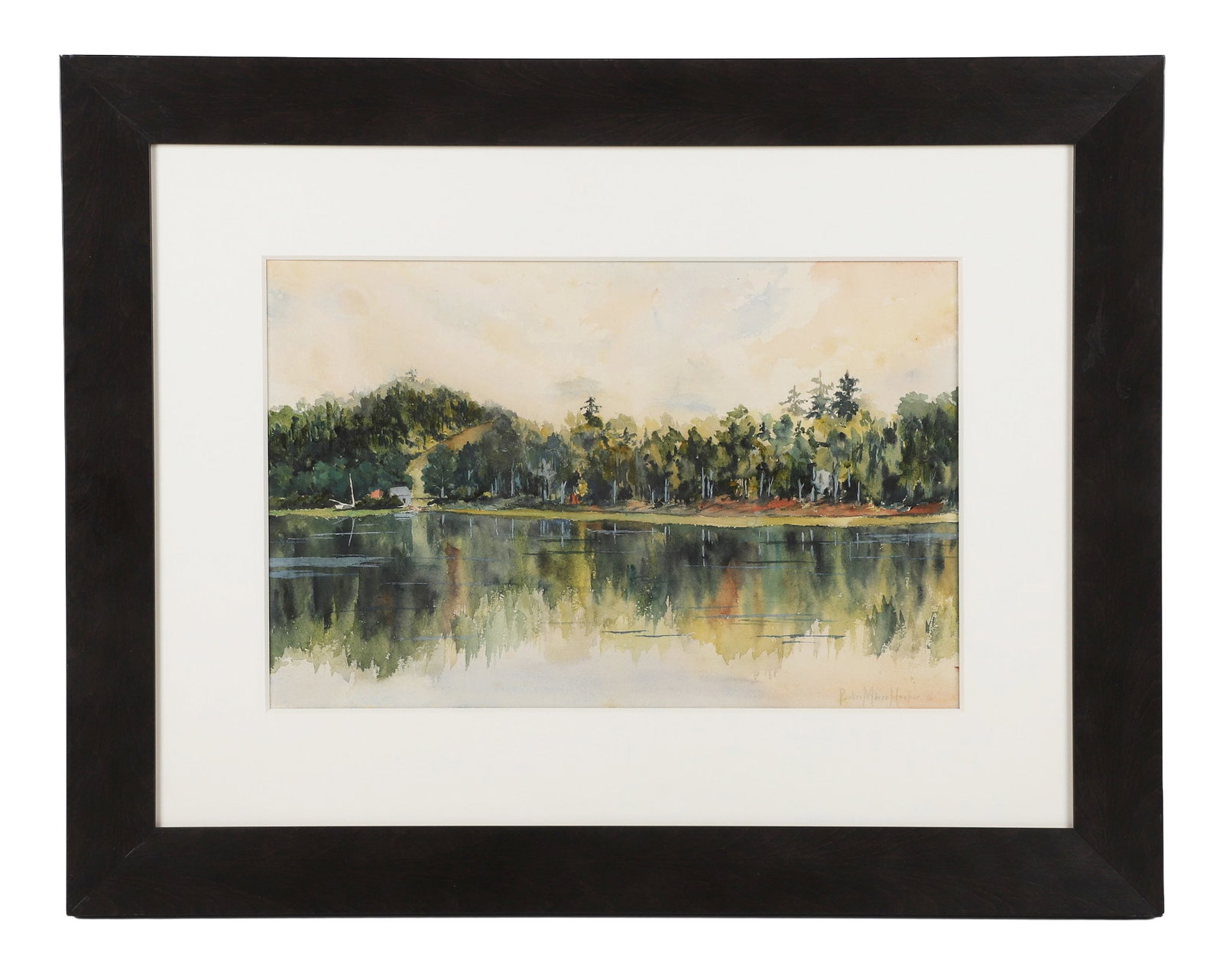 Parker Morse Hooper (American / Maine 1877?1966), Untitled, Watercolor.: Parker Morse Hooper (American / Maine 1877?1966), Untitled, Watercolor. Untitled, landscape depicting a tree-lined shore reflecting on water, signed lower right, sight 11 1/2"H x 17 1/2"W, frame 21 1/