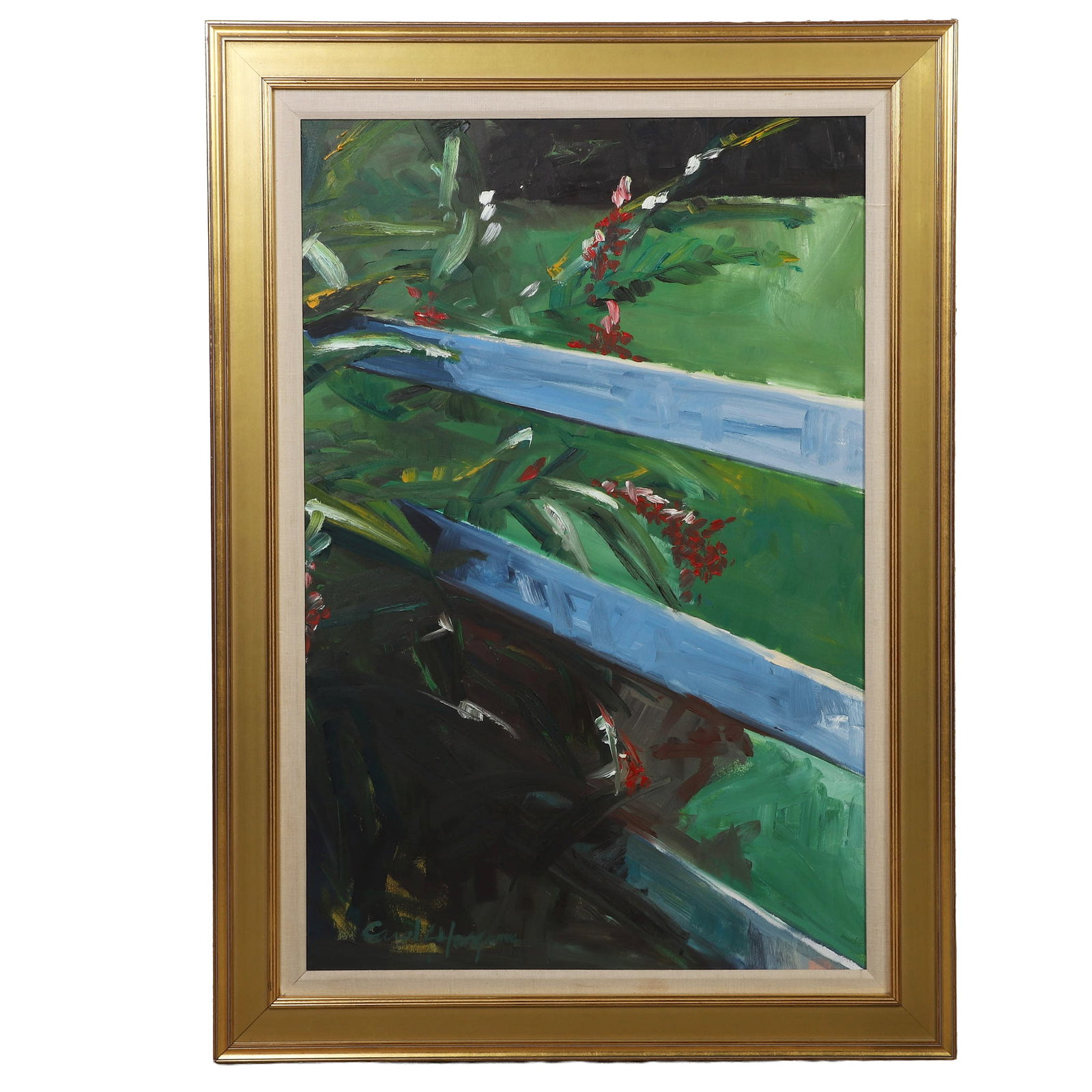 Carol Horgan Lesher (American, b. 1962) Botanical Painting.: Carol Horgan Lesher (American, b. 1962) Botanical Painting. Titled: "Blue Fence, Red Flowers." Oil on canvas. Signed lower left. 36" H x 24" W.