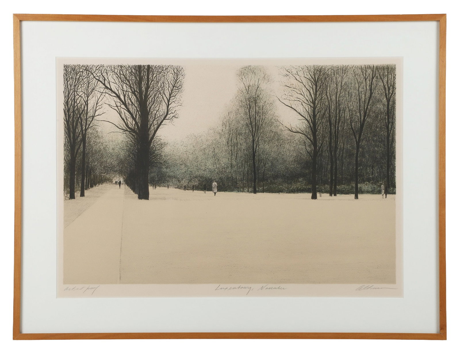 Harold Altman (Pennsylvania, 20th C) Lithograph.: Harold Altman (Pennsylvania, 20th C) Lithograph. Titled: "Luxembourg, November." Pencil-signed and designated "Artist's Proof." 19" H x 27.5" W sight, 26" H x 34" W frame.