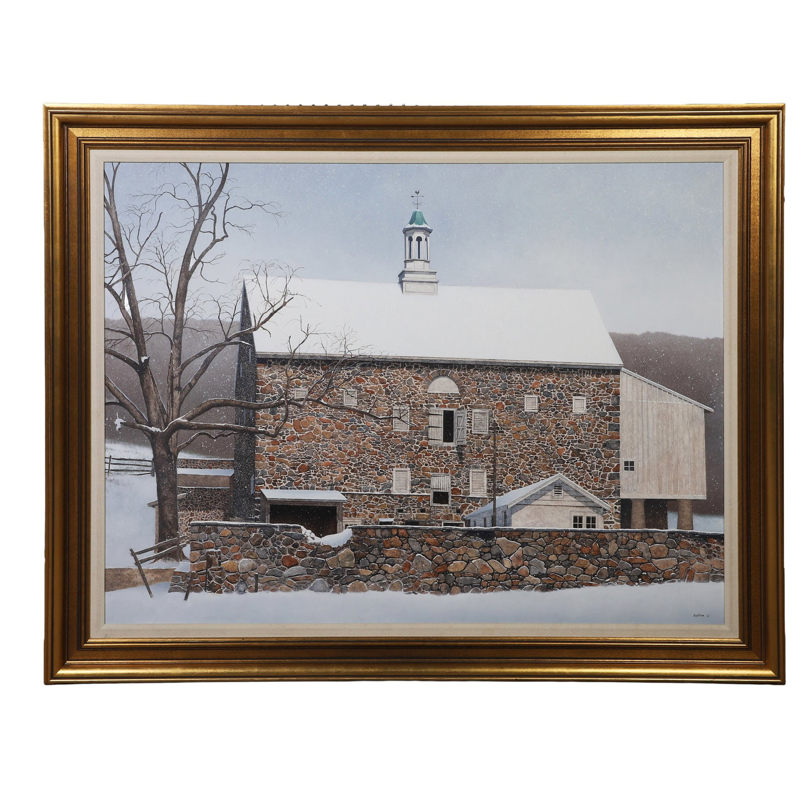 J. Wayne Bystrom (Pennsylvania, 20th C) Regionalist Painting.: J. Wayne Bystrom (Pennsylvania, 20th C) Regionalist Painting. Titled: "Country Winter." Brandywine School painting of a snowy farmstead. Signed in the lower right corner. Oil on canvas. 35" H x 47.5" 