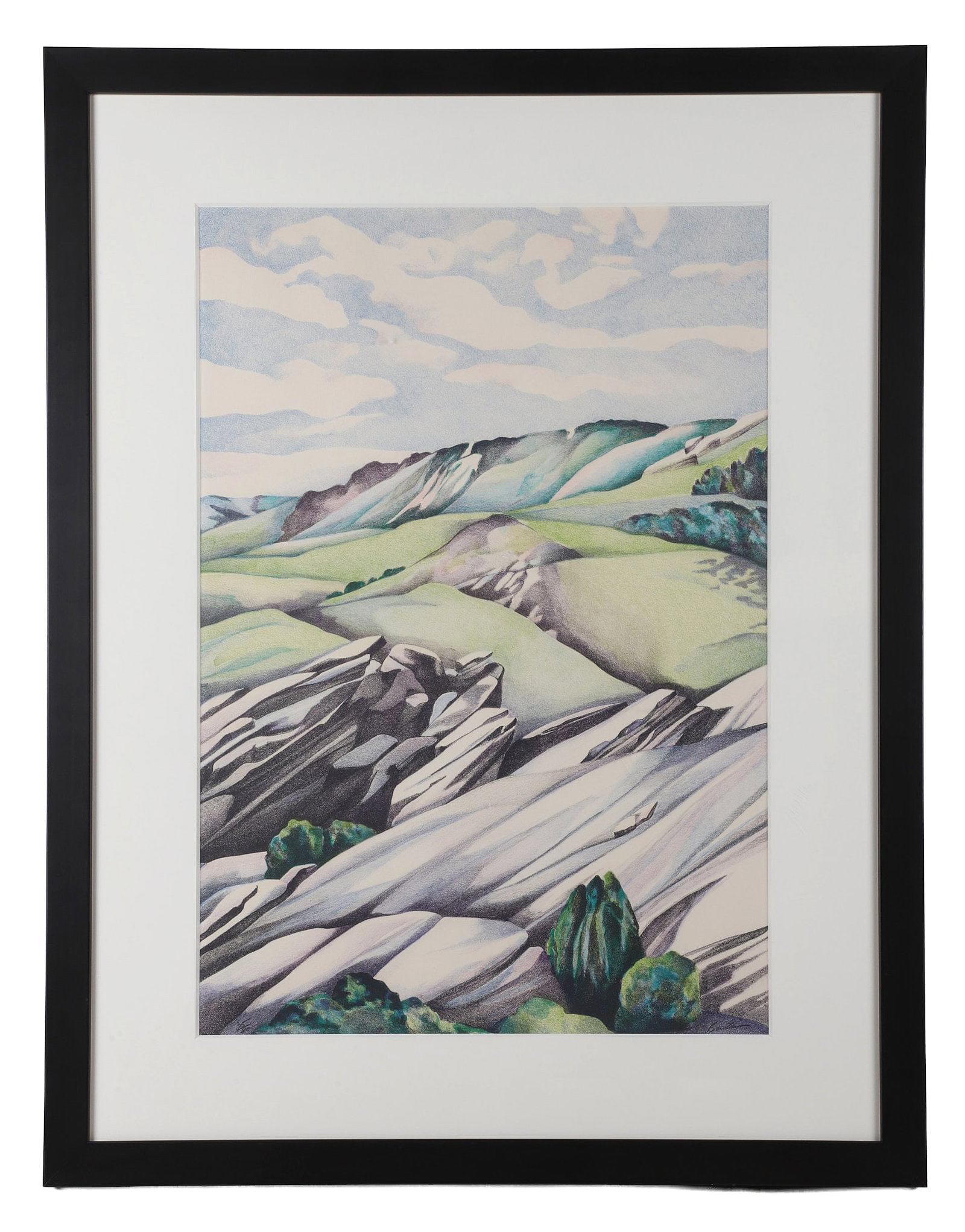 Diane Burko (Pennsylvania, b. 1945/6) Lithograph.: Diane Burko (Pennsylvania, b. 1945/6) Lithograph. Titled: "Red Rocks Park- Revisited." Shows Colorado?s rock formations. Signed in the plate. Paper label affixed on the reverse. 29" H x 20.5" W sight,