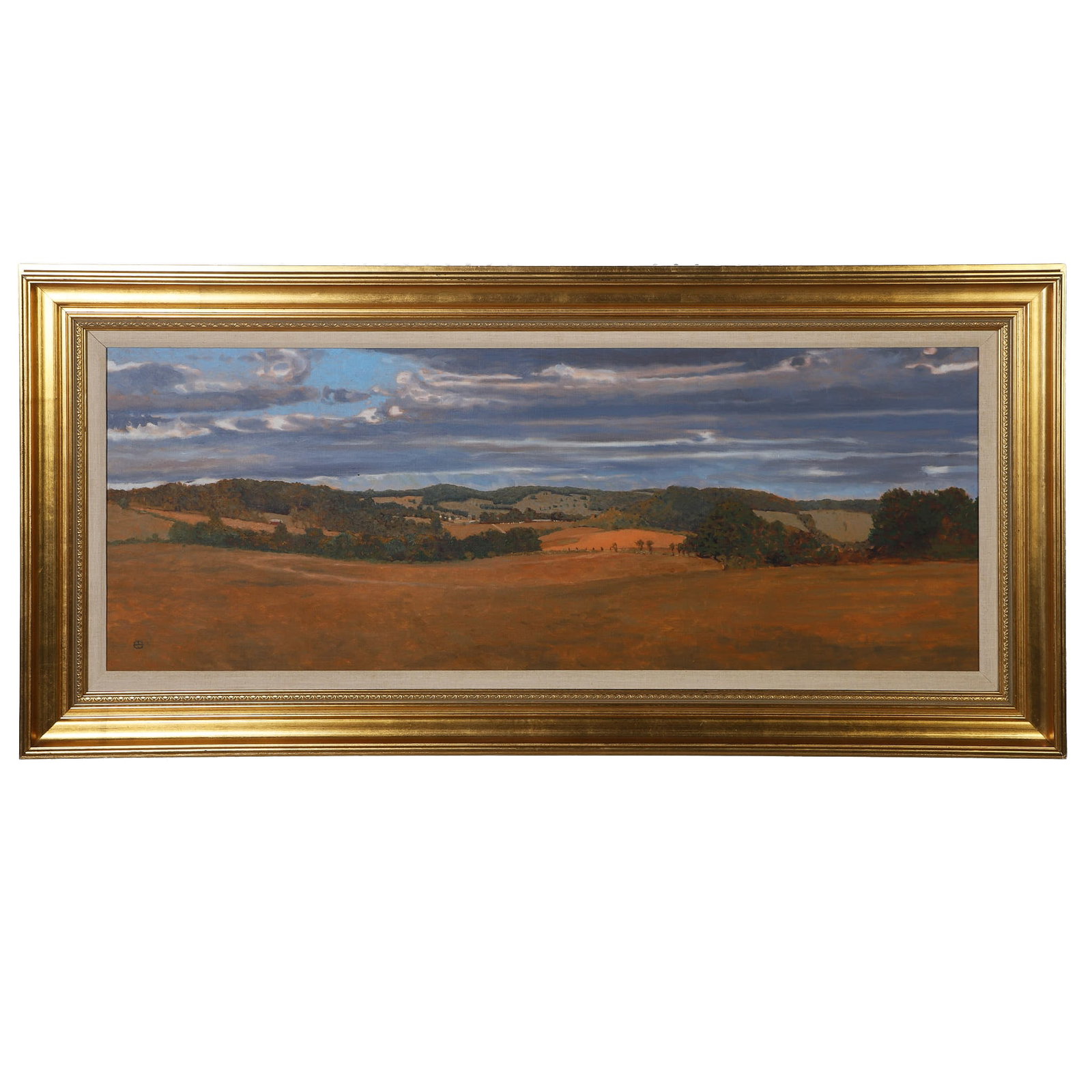 Peter Sculthorpe (Canadian/Pennsylvanian, b. 1948) Landscape Painting.: Peter Sculthorpe (Canadian/Pennsylvanian, b. 1948) Landscape Painting. Titled: 'Late Summer, East Fallowfield'. Oil on canvas of fields and hills of Chester County, Pennsylvania. Marked with initials 