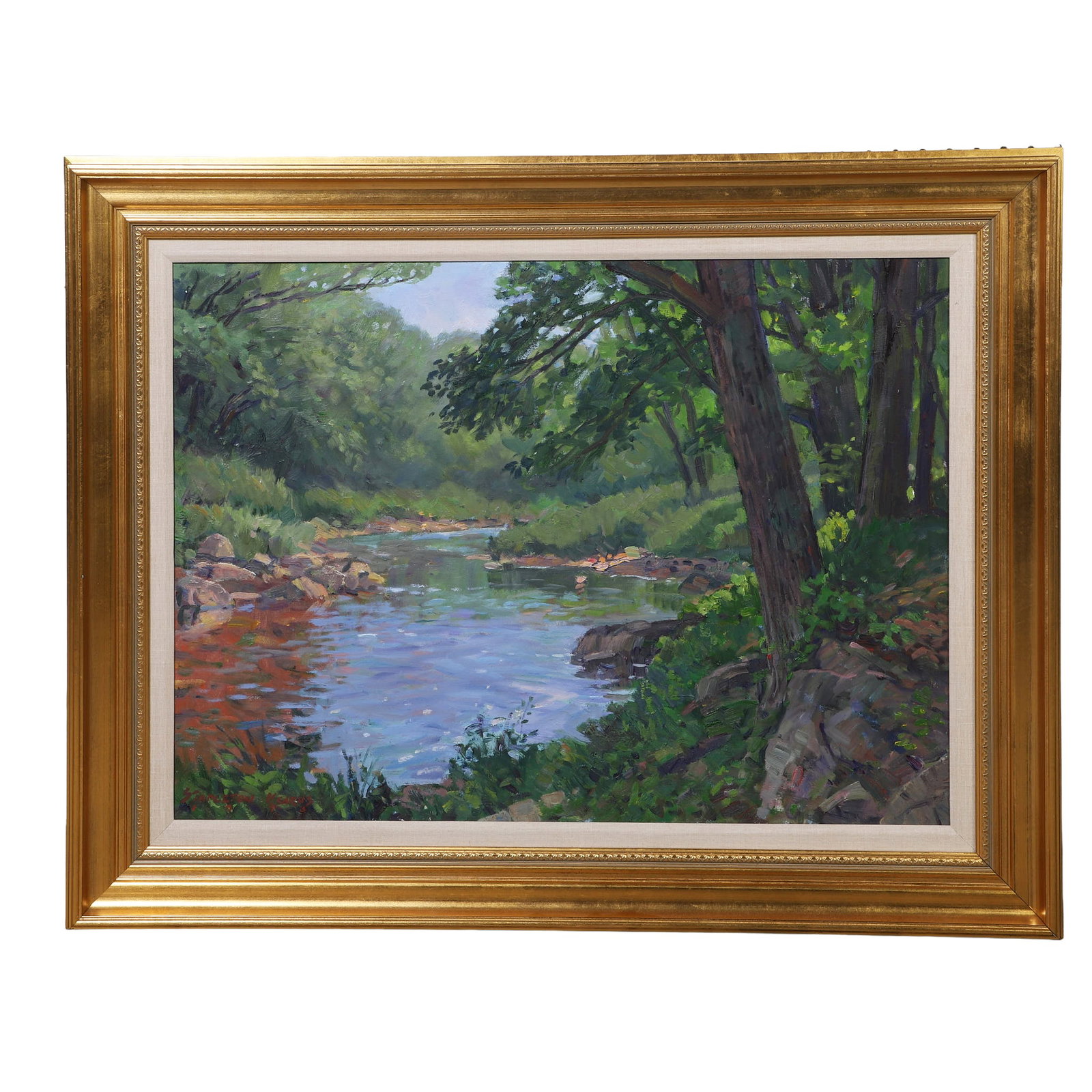 Stapleton Kearns (American, b. 1952) The Marsh Stream, Painting.: Stapleton Kearns (American, b. 1952) The Marsh Stream, Painting. Titled "The Marsh Stream". Oil On Canvas signed lower left "Stapleton Kearns". sight 21" H x 29" W, frame 28.5"H x 37.5"W. "Stapleton (