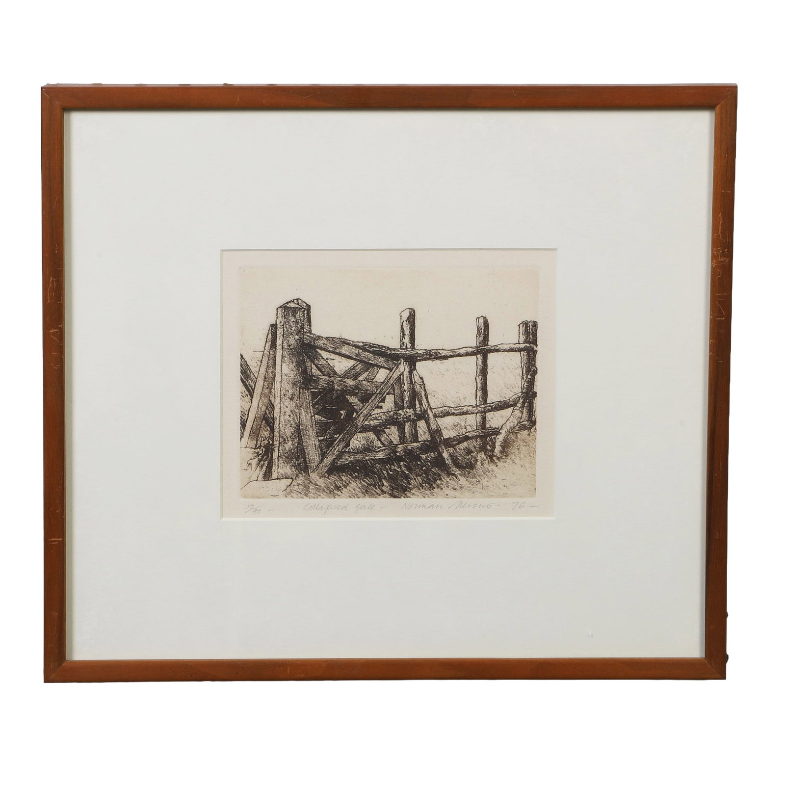 Norman Stevens (English, 20th C) Etching.: Norman Stevens (English, 20th C) Etching. Titled: "Collapsed Gate." Pencil-signed, dated '76, and editioned 10/40. 8" H x 10" W sight, 14" H x 16" W frame.