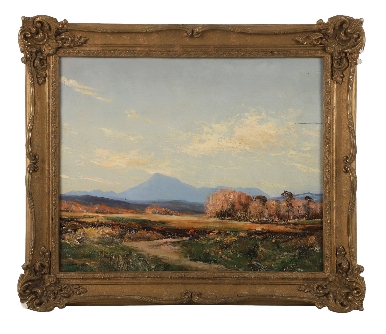 John George Mathieson (English, 20th C) Landscape Painting.: John George Mathieson (English, 20th C) Landscape Painting. Untitled Idyllic landscape with a vast plain at the foot of a mountain range. Oil on board. 17.5" H x 21" W sight, 23" H x 27" W frame.