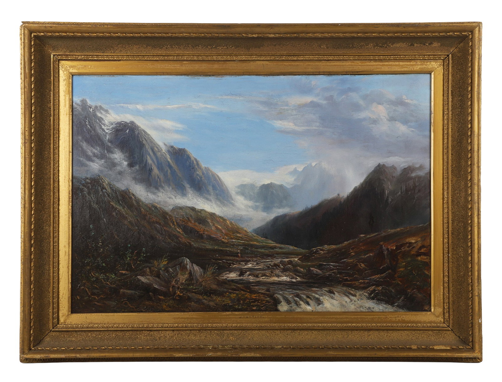 Joseph Paul Pettit (English, 19th C) Landscape Painting.: Joseph Paul Pettit (English, 19th C) Landscape Painting. Restored 19th-century painting titled " Mountain Stream." Oil on canvas. 19.5" H x 29.5" W sight, 28" H x 37.5" W frame.