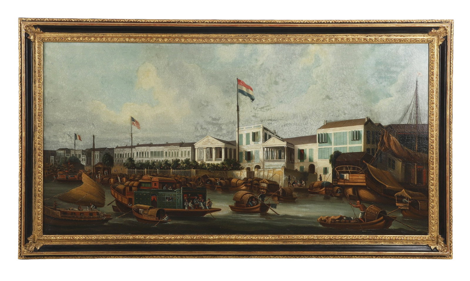 Chinnery School, "The European Factories, Canton": Chinnery School, "The European Factories, Canton" Early 19th-century China Trade export oil on canvas painting of a bustling colonial Chinese port with a harbor view, traditional Chinese boats and dif