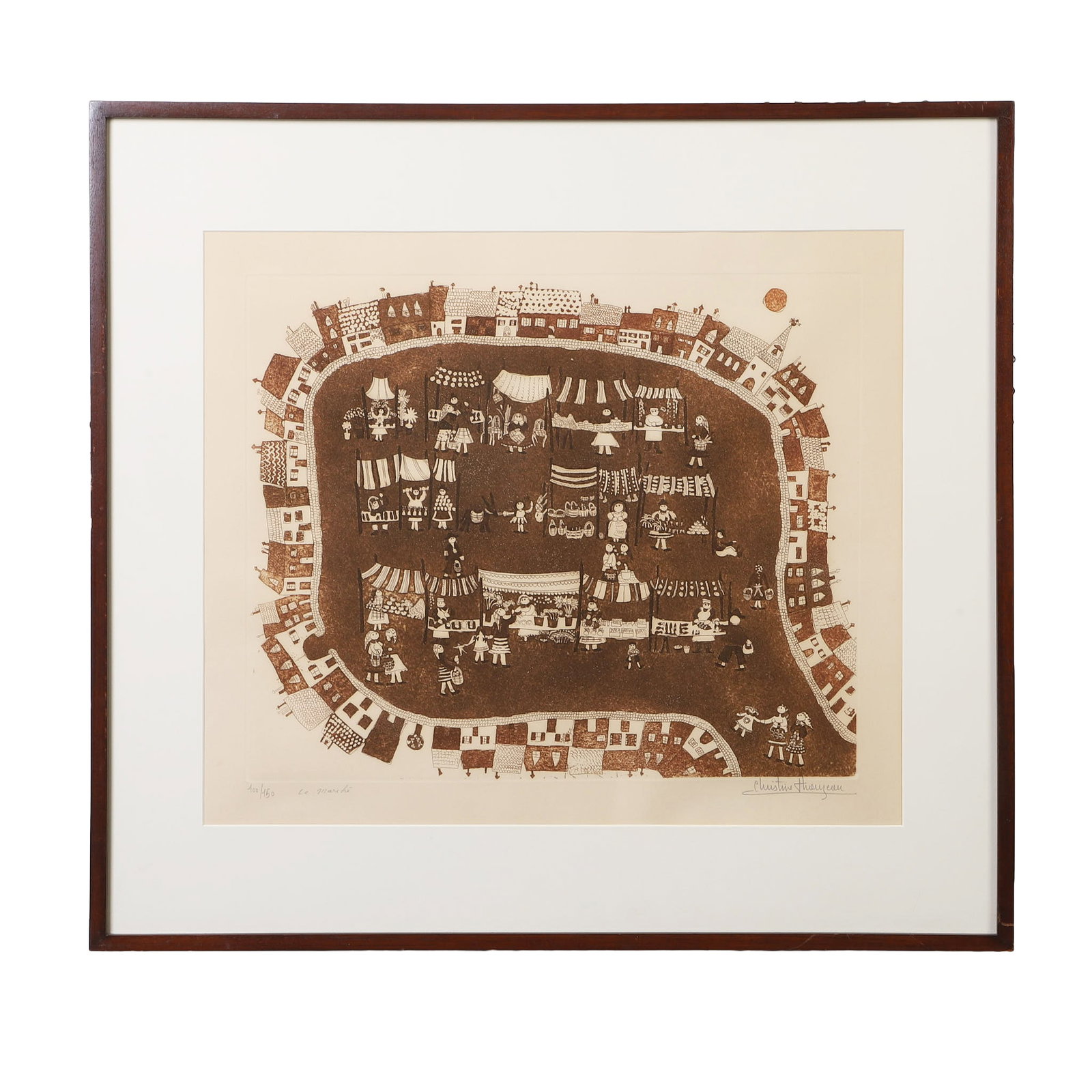 Christine Thouzeau (French, 20th C) Aquatint Print.: Christine Thouzeau (French, 20th C) Aquatint Print. Titled: "Le Marche." Aquatint on paper. Pencil-signed, titled, and numbered 100/150. 18.5" H x 21.5" W sight, 26.25" H x 28.5" W frame.