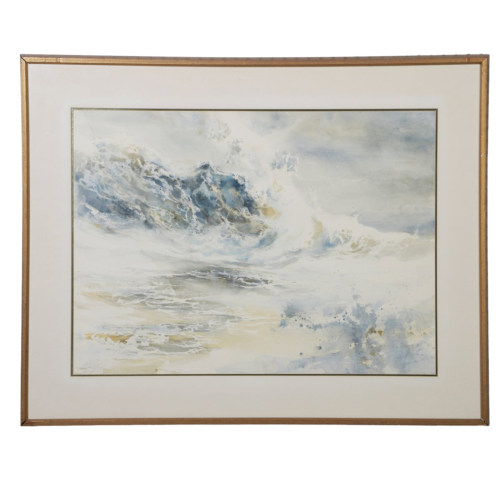 Crashing Waves Seascape Watercolor.: Crashing Waves Seascape Watercolor. Artist unknown. Watercolor on paper. 21.25" H x 29.25" W sight, 29.25" H x 37.5" W frame.
