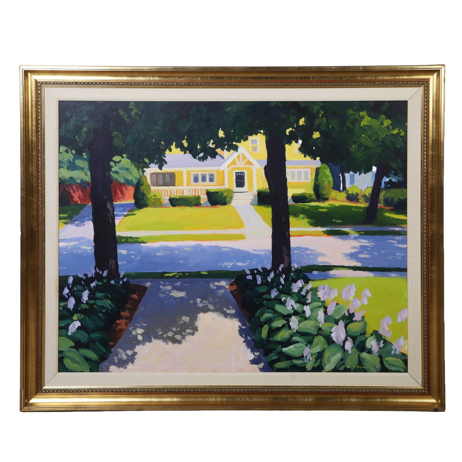 Kathleen McDonough (New England, active) Regionalist Landscape.: Kathleen McDonough (New England, active) Regionalist Landscape. Titled: "The Front Walk." Acrylic on canvas depicting street in a neighborhood with yellow house. Signed and dated 1992 in the lower rig