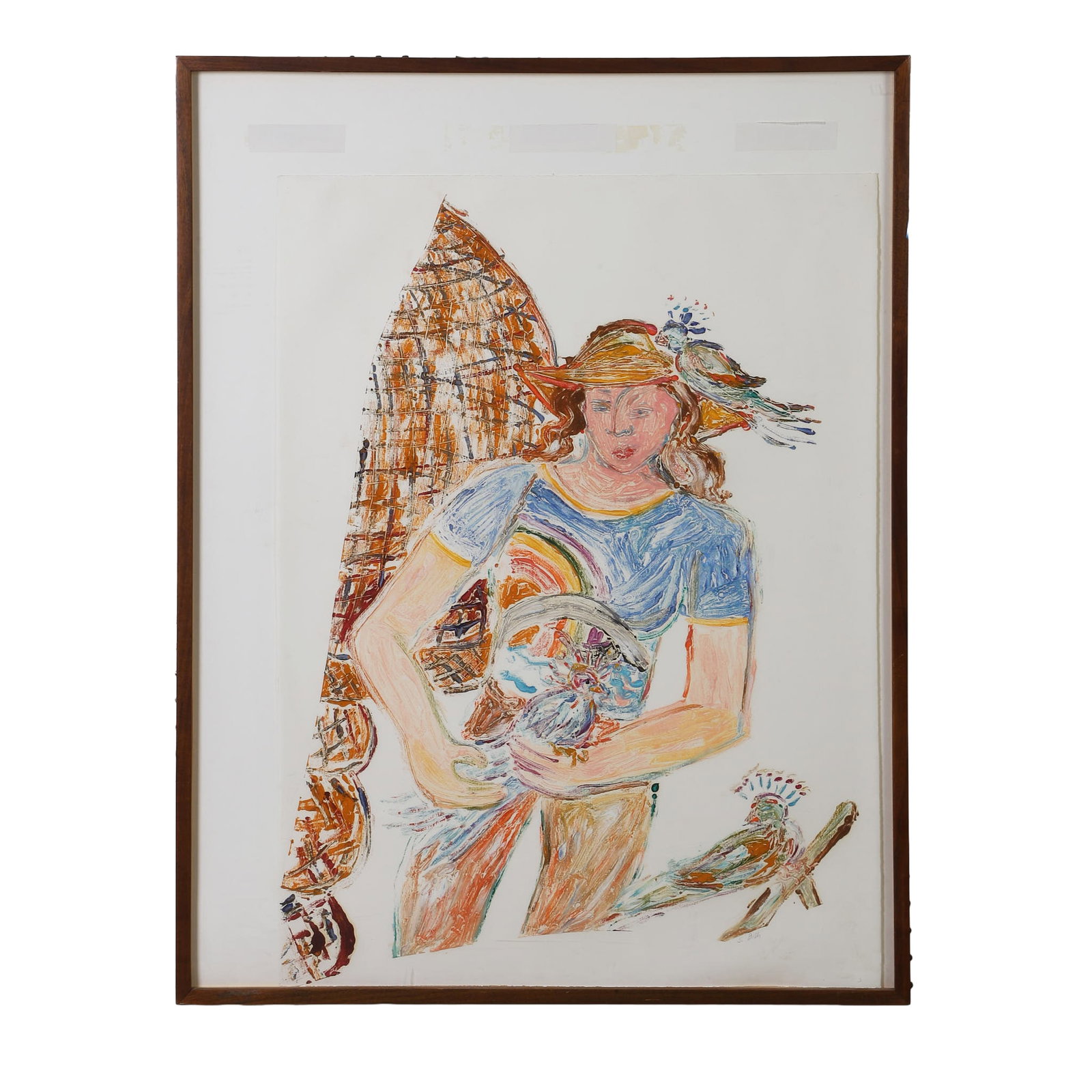 Susan Bush (Venice, California, b. 1946), Portrait Painting.: Susan Bush (Venice, California, b. 1946), Portrait Painting. Venice, California, Acrylic On Paper figure wearing a hat with a bird. Signed lower right S Bush. Sight 29.5"H x 22"W, frame 34 3/4"H x 27"