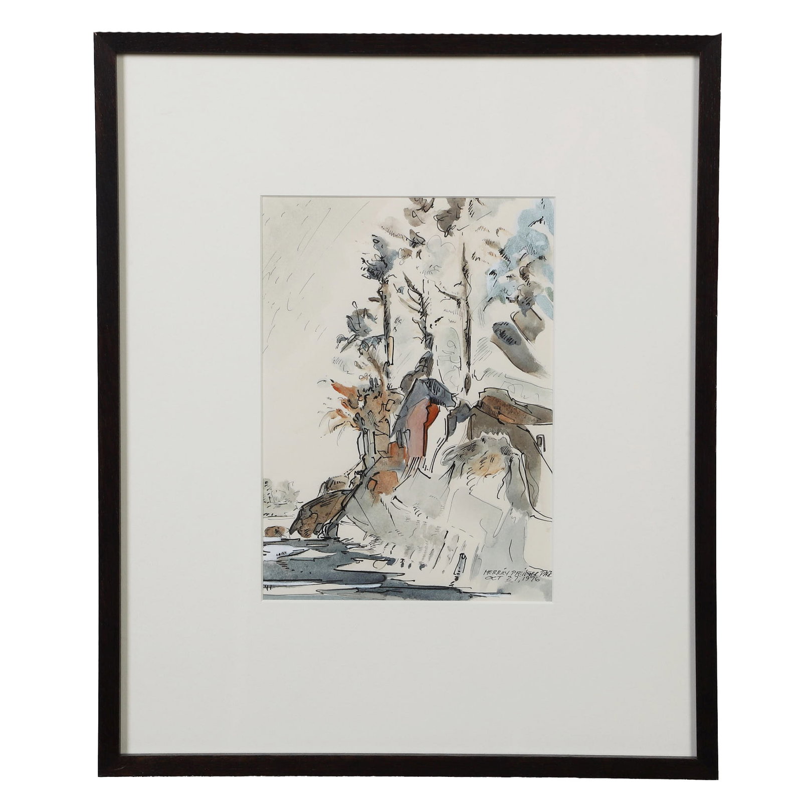 Merrily Page (California, 20th C) Watercolor Painting.: Merrily Page (California, 20th C) Watercolor Painting. Titled: "Santa Cruz Low Tide." Signed and dated 1976 in the lower right corner. 9.5" H x 7" W sight, 18" H x 14.5" W frame.