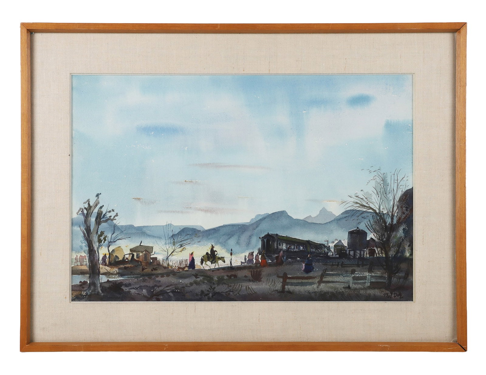 Phil Dike (California, 20th C) Frontier Watercolor.: Phil Dike (California, 20th C) Frontier Watercolor. Titled: "Train Thru San Carlos." Watercolor on paper. 13.5" H x 20.25" W sight, 19.5" H x 26.25" W frame.