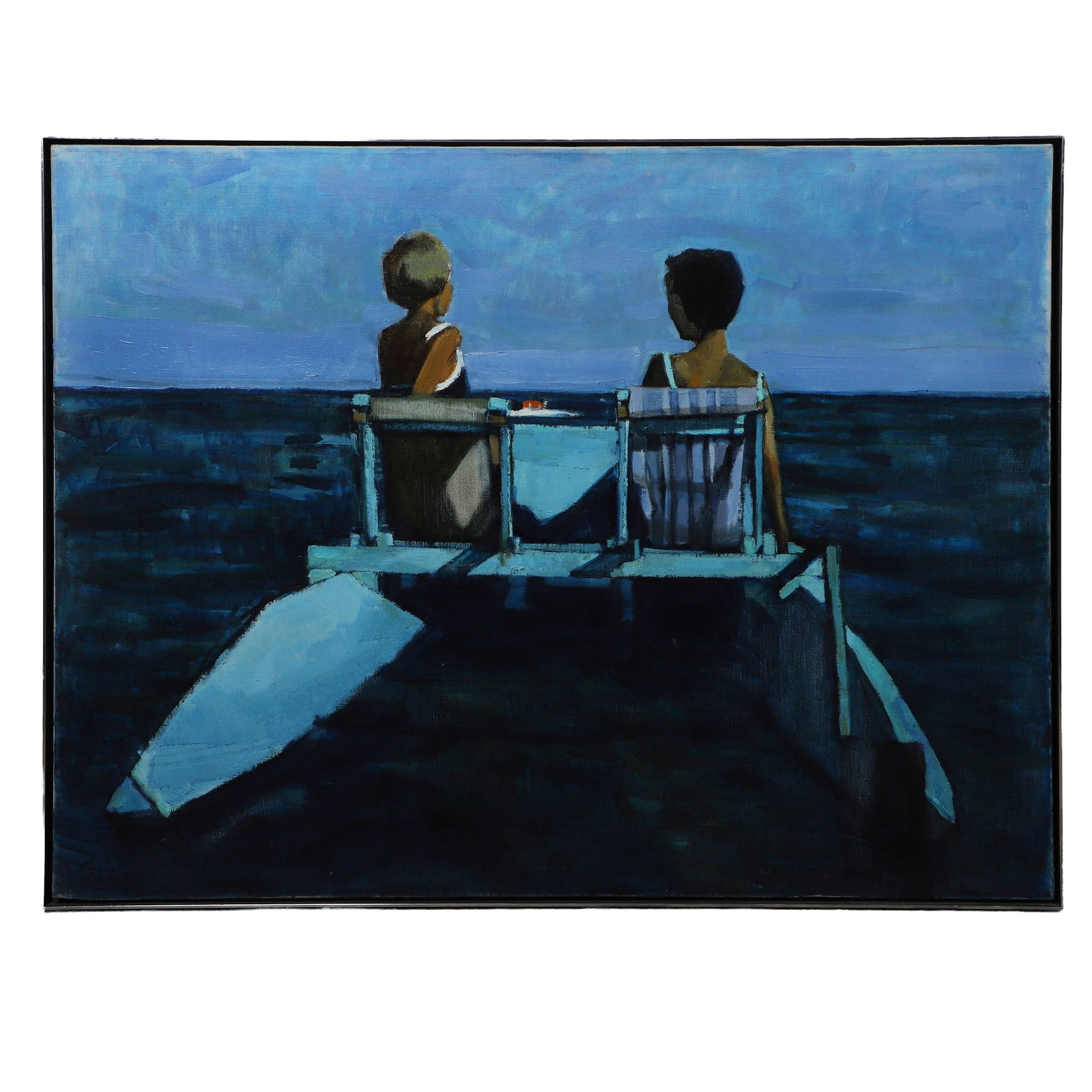 Shirl Goedike (California, 1923-2000), The Pedalo, Painting.: Shirl Goedike (California, 1923-2000), The Pedalo, Painting. Titled: "The Pedalo." Oil on canvas depicting two young women from behind, sitting on a pedalo (a pedal boat) as it floats out into open wa