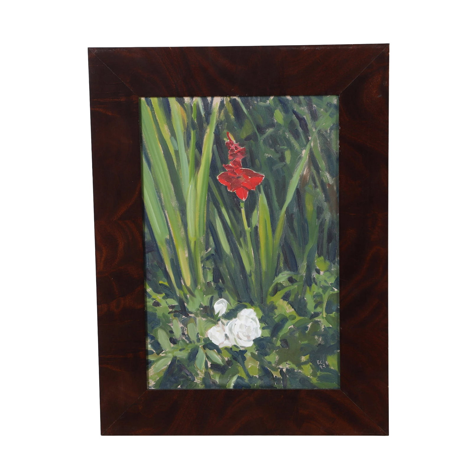 Richard Lewis Crozier (Hawaii, b. 1944), Botanical Painting.: Richard Lewis Crozier (Hawaii, b. 1944), Botanical Painting. Red Gladiola. Oil On Panel signed "RC 92" on right. sight 14.5" H x 9.5"W, frame 19.5"H x 14.5"W.