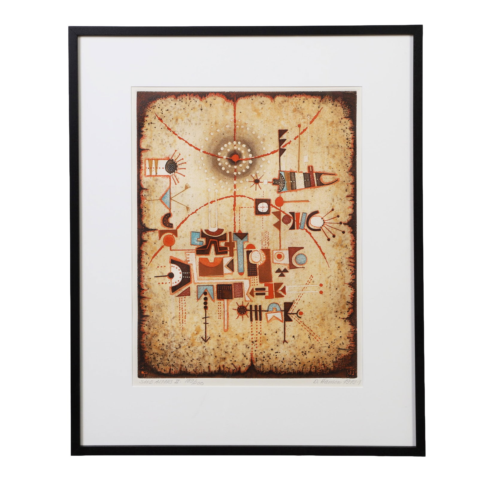 Diana Hansen (American, b.1942) Southwest Style Lithograph.: Diana Hansen (American, b.1942) Southwest Style Lithograph. Titled: "Sand Altars II." Pencil signed, dated 1979, and limited edition numbered 189/200. 16" H x 12" W sight, 23" H x 19" W frame.