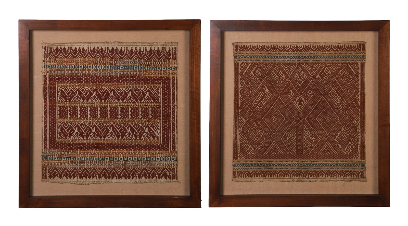(2) Indonesian Textiles, 19th C.: (2) Indonesian Textiles, 19th C. (2) 19th c. Indonesian textile 'Tampan', Lampung region, southern Sumatra, cotton silk with supplementary weft. Sight 19"H x 18 1/2"W, frames 26 3/4"H x 25 1/2"W