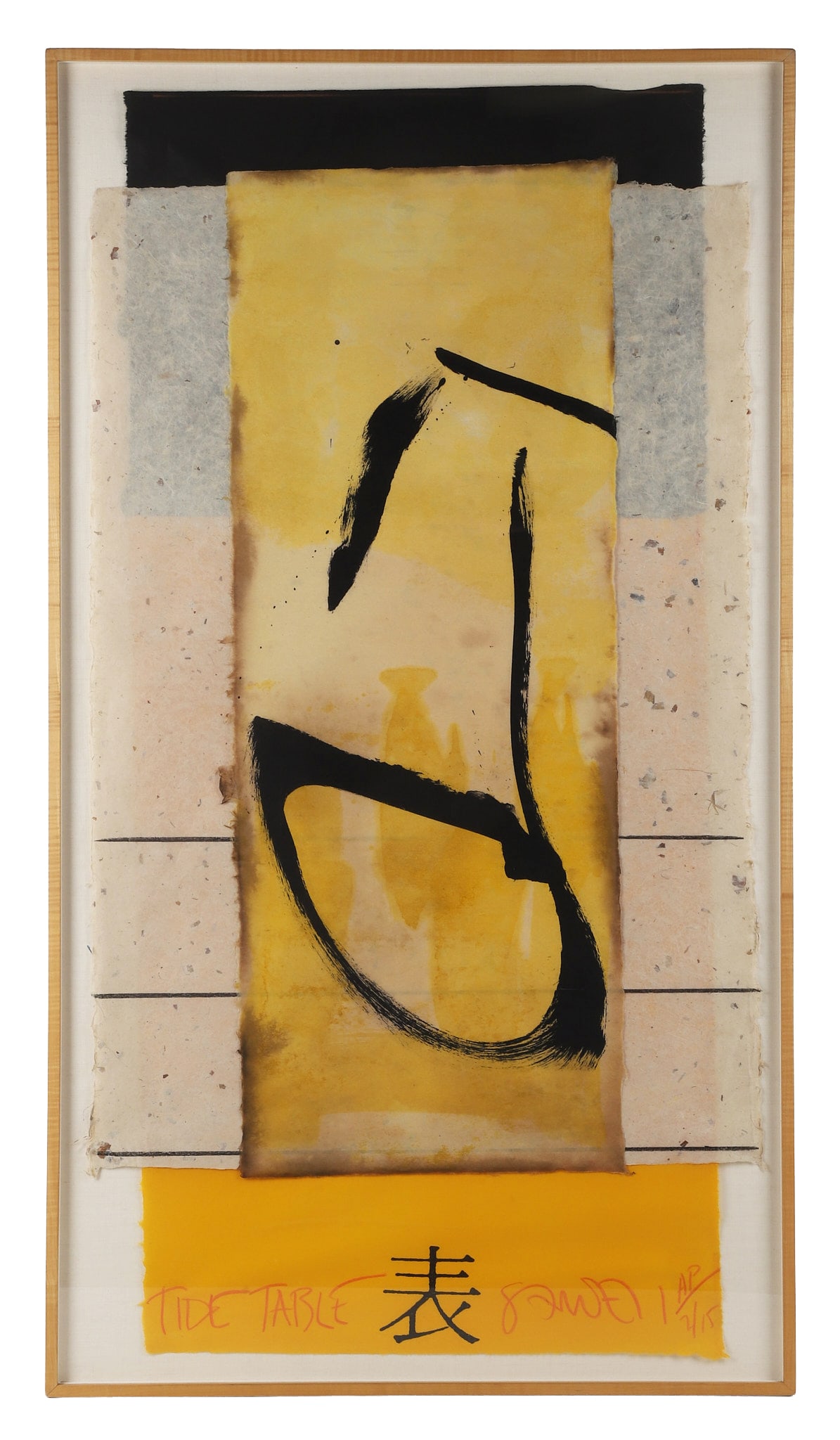 Scott Sandell (American, 20th C) Mixed Media.: Scott Sandell (American, 20th C) Mixed Media. Titled: "Tide Table." Asian inspired assemblage. Editioned 2/15. Fiber paper and ink wash. 48" H x 25" W sight, 51" H x 28" W frame.