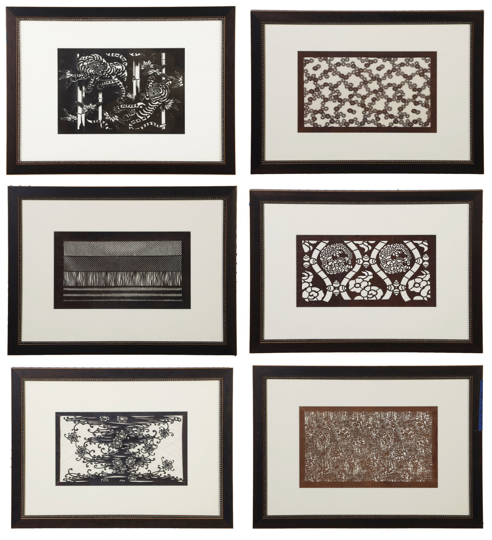 (6) Framed Japanese Katagami Kimono Stencils.: (6) Framed Japanese Katagami Kimono Stencils. Intricately cut textile stencils. Early 20th-century. Generally, each stencil measures 9" x 15".