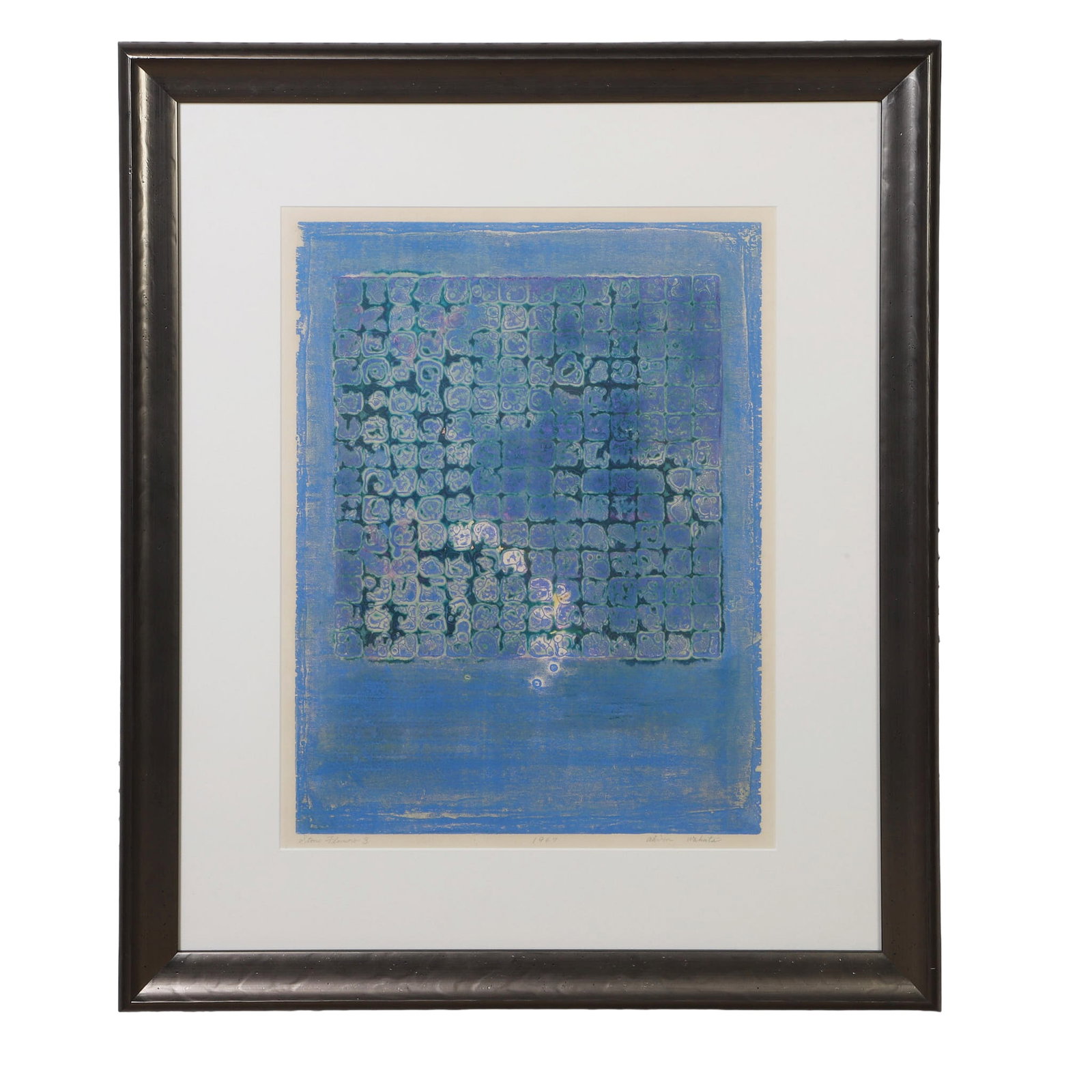 Akira Wakata (Japanese/American, 20th C), Japanese Woodcut.: Akira Wakata (Japanese/American, 20th C), Japanese Woodcut. Stone Flowers 3, abstract with blue and green around the edges and small stone-like flowers in the body of the print, signed lower right and