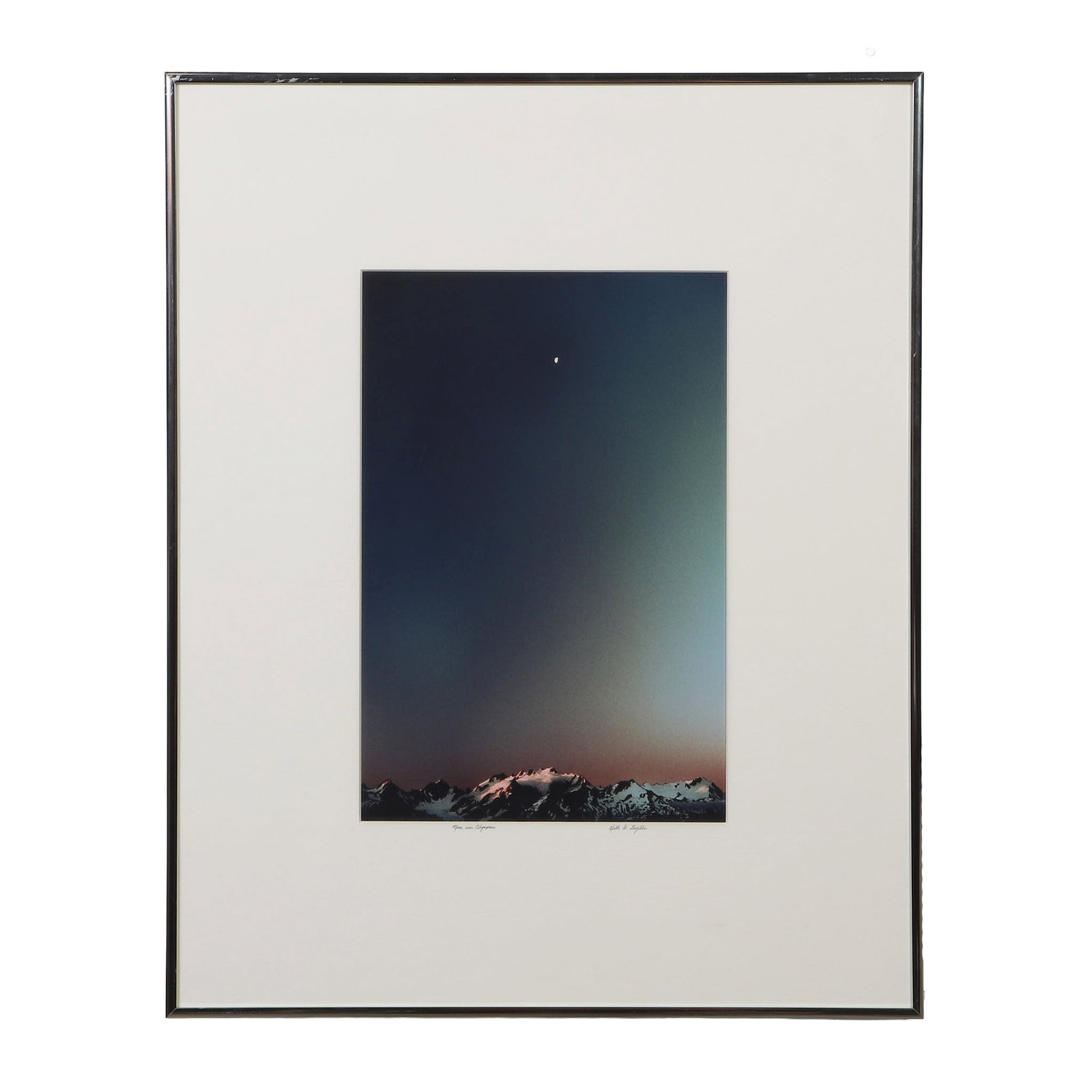 Keith Lazelle (American / Quilcene, Washington), Moon Over Olympus, Photograph.: Keith Lazelle (American / Quilcene, Washington), Moon Over Olympus, Photograph. Moon Over Olympus, depicting night sky over a mountain landscape. Signed lower right. Sight 13"H x 9" W, frame 23"H x 18