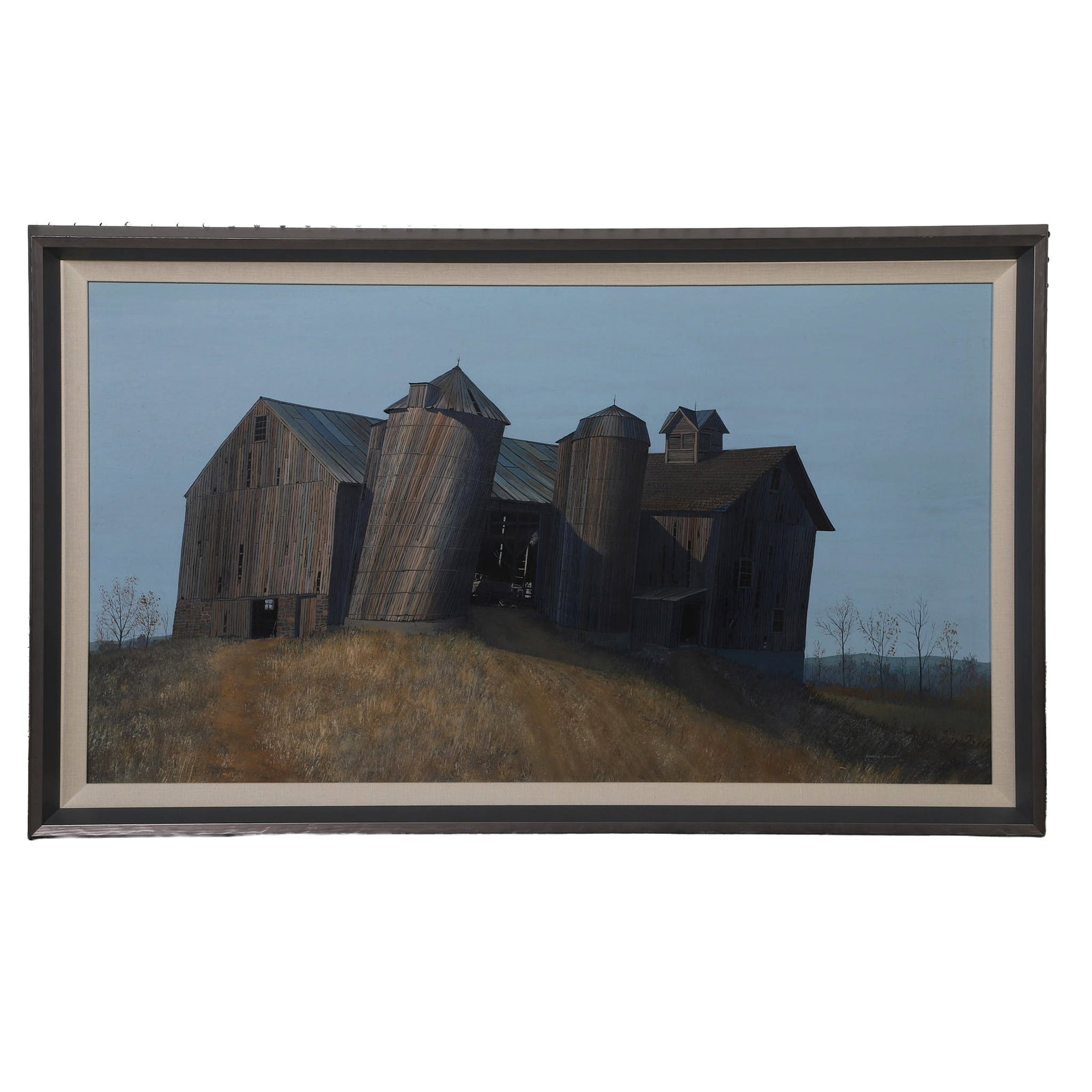 Darell Koons (South Carolina, 1924-2016) Barn Landscape.: Darell Koons (South Carolina, 1924-2016) Barn Landscape. Rural American landscape titled 'New York Barn' with a weathered multi-silo barn compound nestled on a grassy hillside under a muted, soft-lit 