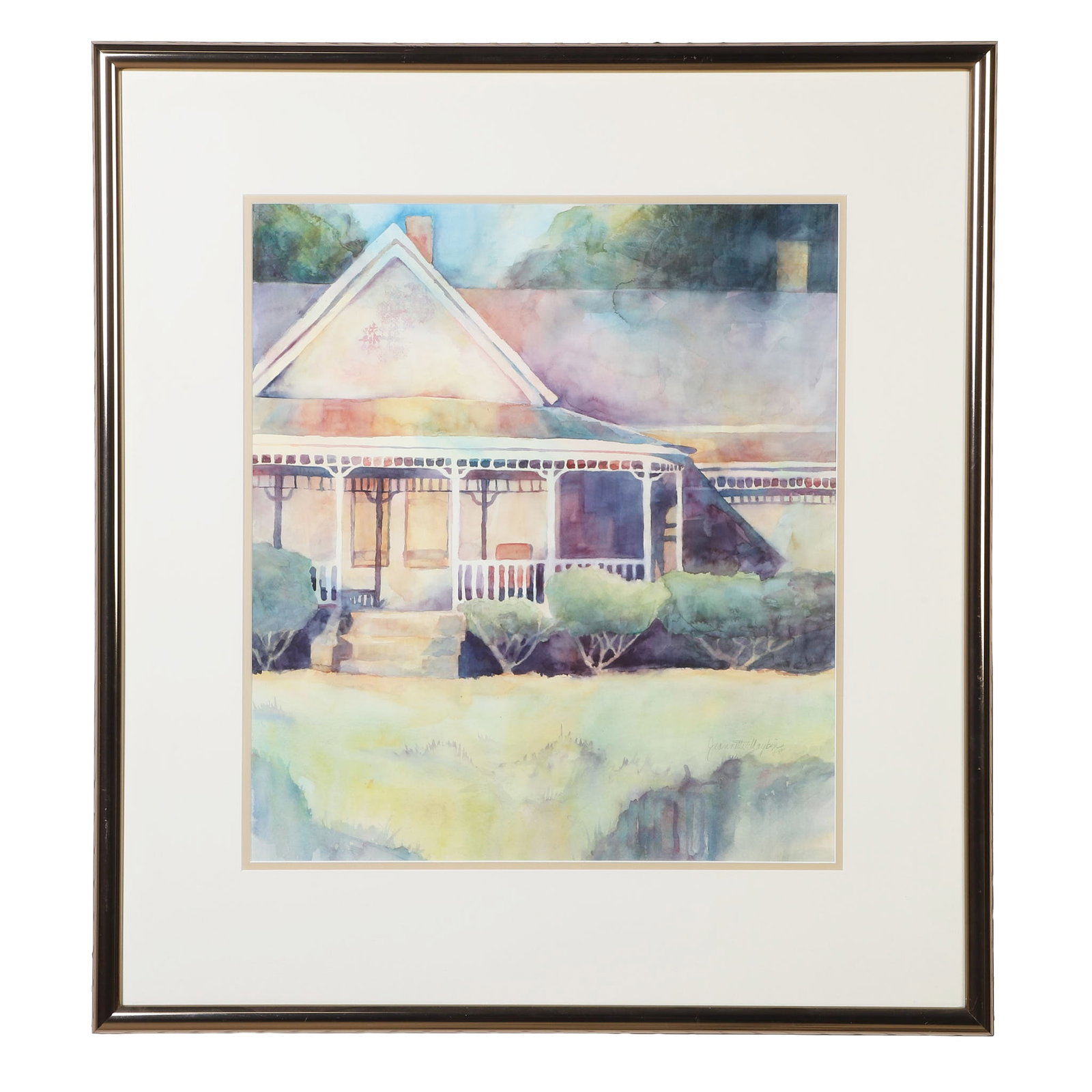 Jeannette Maybin (South Carolina, 20th C), Watercolor.: Jeannette Maybin (South Carolina, 20th C), Watercolor. Untitled regionalist house painting. Pencil-signed and dated '88 in the lower right corner. 19.75" H x 17.5" W sight, 29.75" H x 27" W frame.