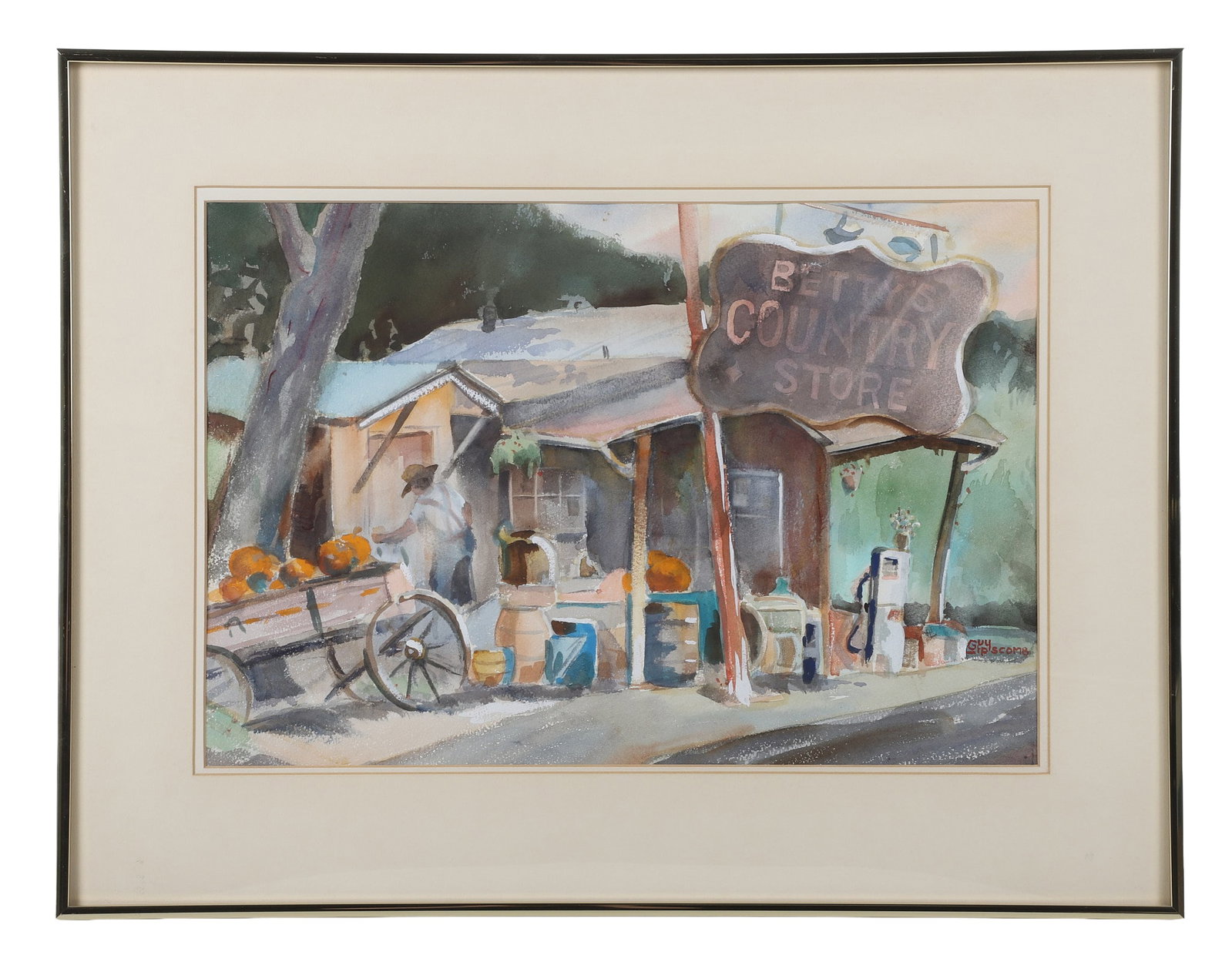 Guy Lipscomb (South Carolina, 20th C) Watercolor Landscape.: Guy Lipscomb (South Carolina, 20th C) Watercolor Landscape. Titled: Betty's Country Store." Regionalist painting of a roadside stand. Watercolor on paper. 13.25" H x 19.5" W sight, 20.25" H x 26.25" W