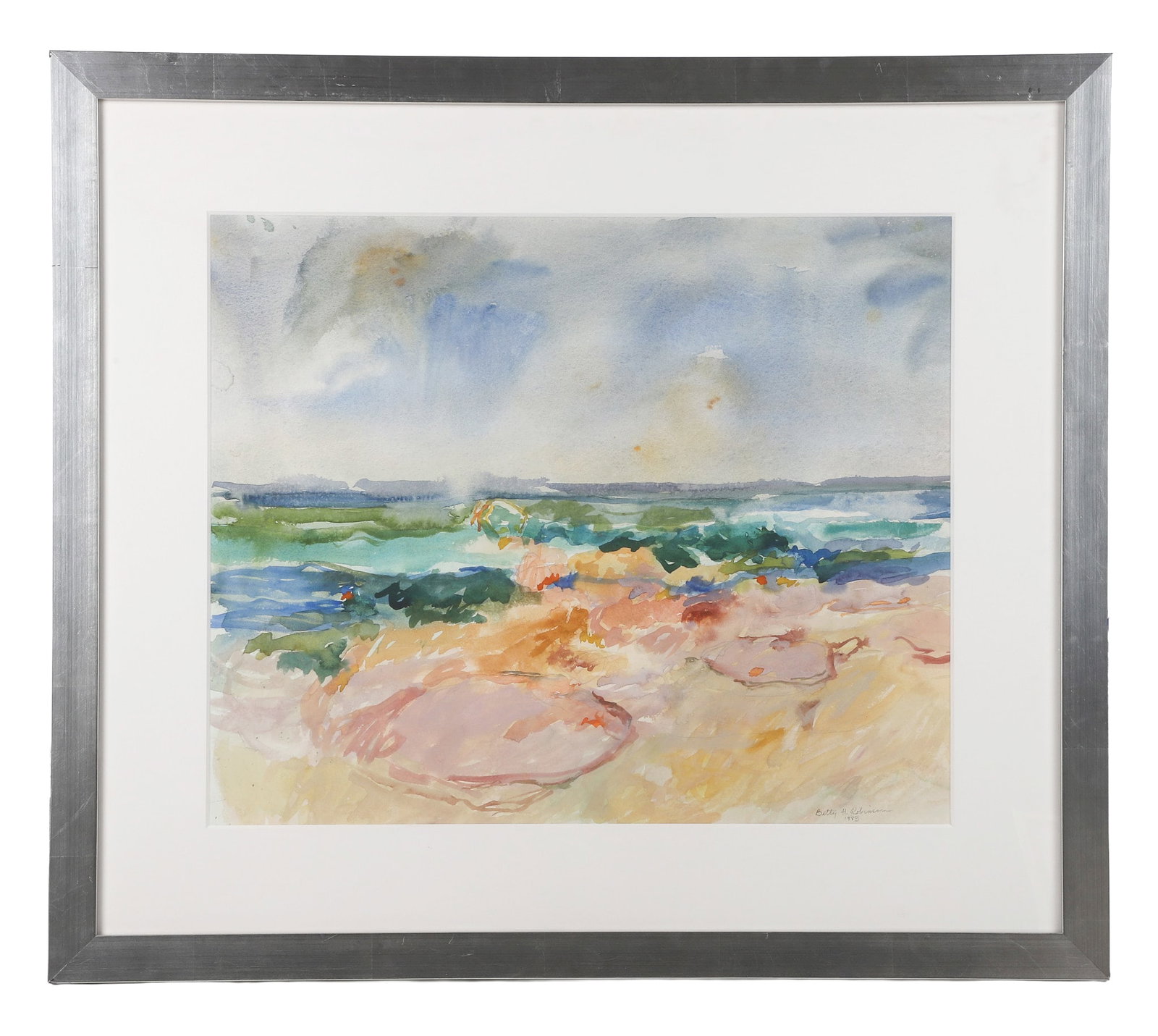 Betty H. Robinson (South Carolina, 20th C) Watercolor, 1983.: Betty H. Robinson (South Carolina, 20th C) Watercolor, 1983. Titled: "Edisto (SC)." Regionalist seascape composition. Watercolor on paper. Signed and dated in the lower right corner. 21" H x 25" W sig