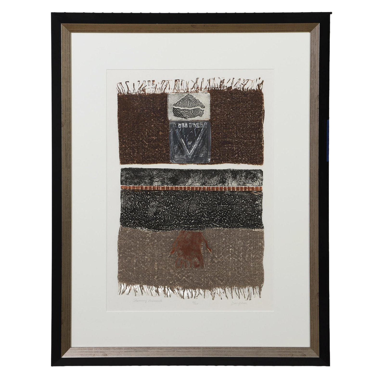 Ann Dergara (South Carolina, 20th C) Mixed Media Composition, 1976.: Ann Dergara (South Carolina, 20th C) Mixed Media Composition, 1976. Titled: "Shining Moments." Collagraph and chine colle. Pencil-signed and numbered 95/150. 25.5" H x 17.5" W sight, 37" H x 29" W fra