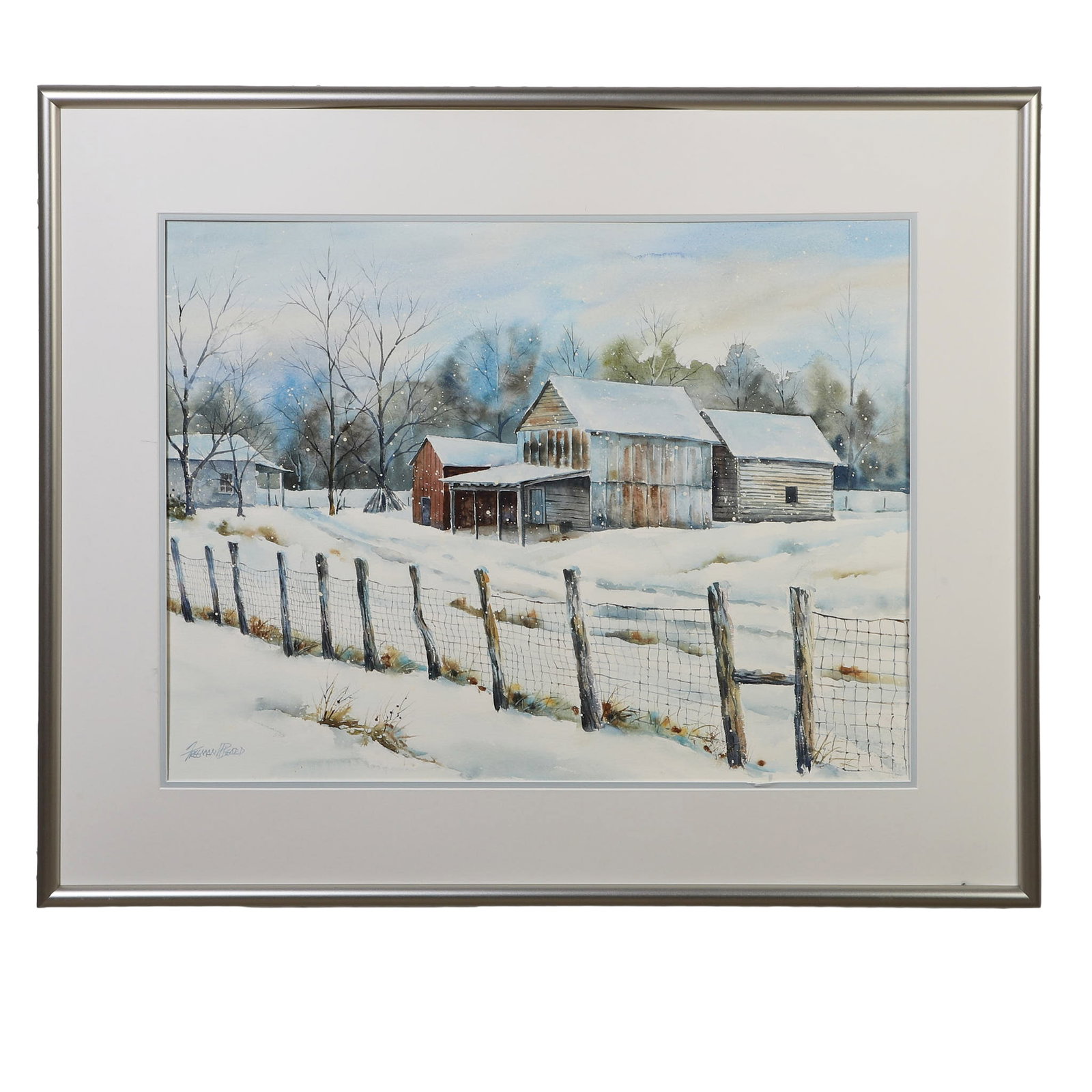 Freeman H. Beard (North Carolina, 20th C.) Watercolor.: Freeman H. Beard (North Carolina, 20th C.) Watercolor. Untitled snowy farmstead landscape composition with fence, weathered barns, house. Signed in the lower right corner. 21" H x 28" W sight, 31" H x